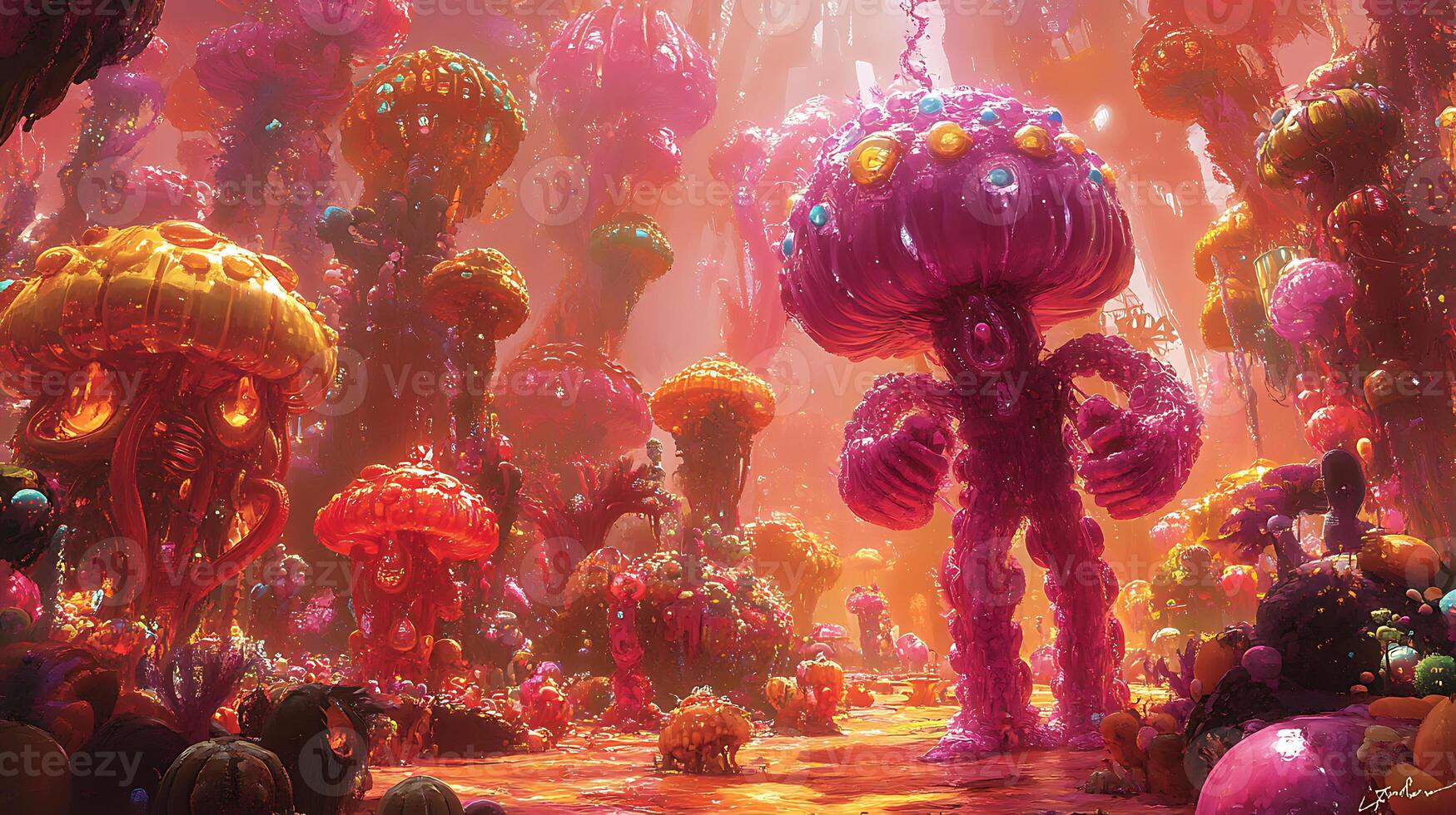 Fantastical World with Vibrant Alien Structures and Surreal Creatures photo
