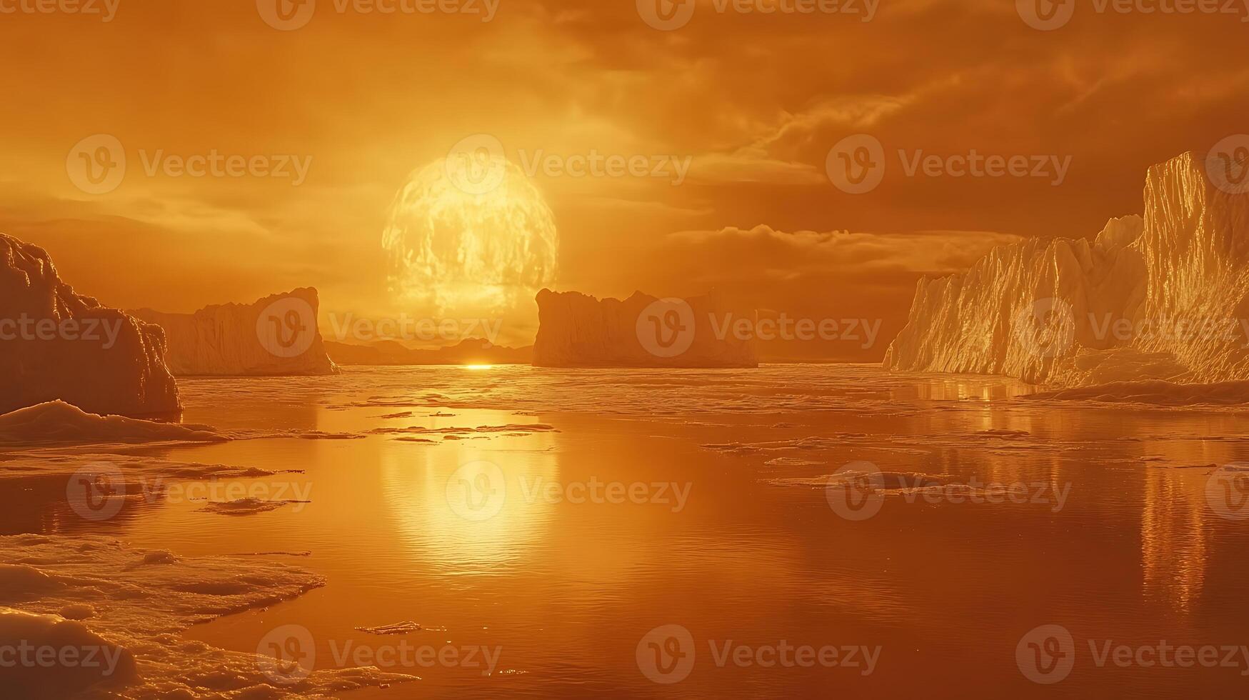Ethereal Sunset Over Icebergs Reflecting on Still Waters photo