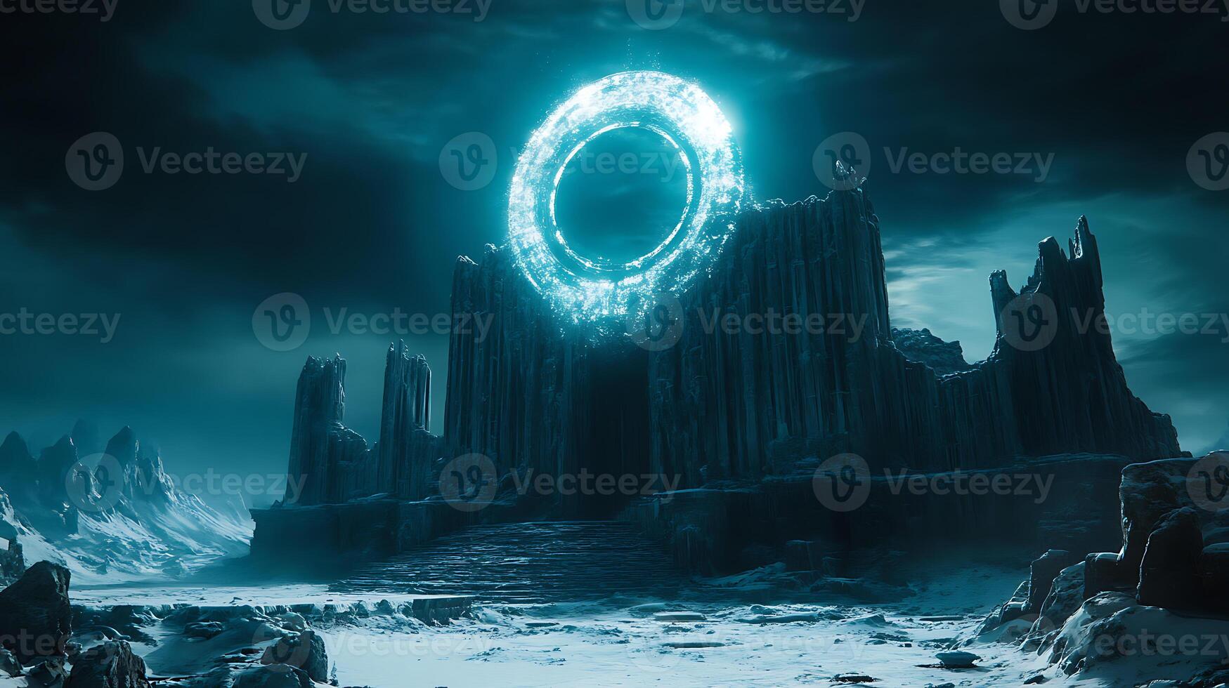 Mysterious Frozen Landscape Featuring an Ancient Arcane Structure Under a Glowing Sky photo