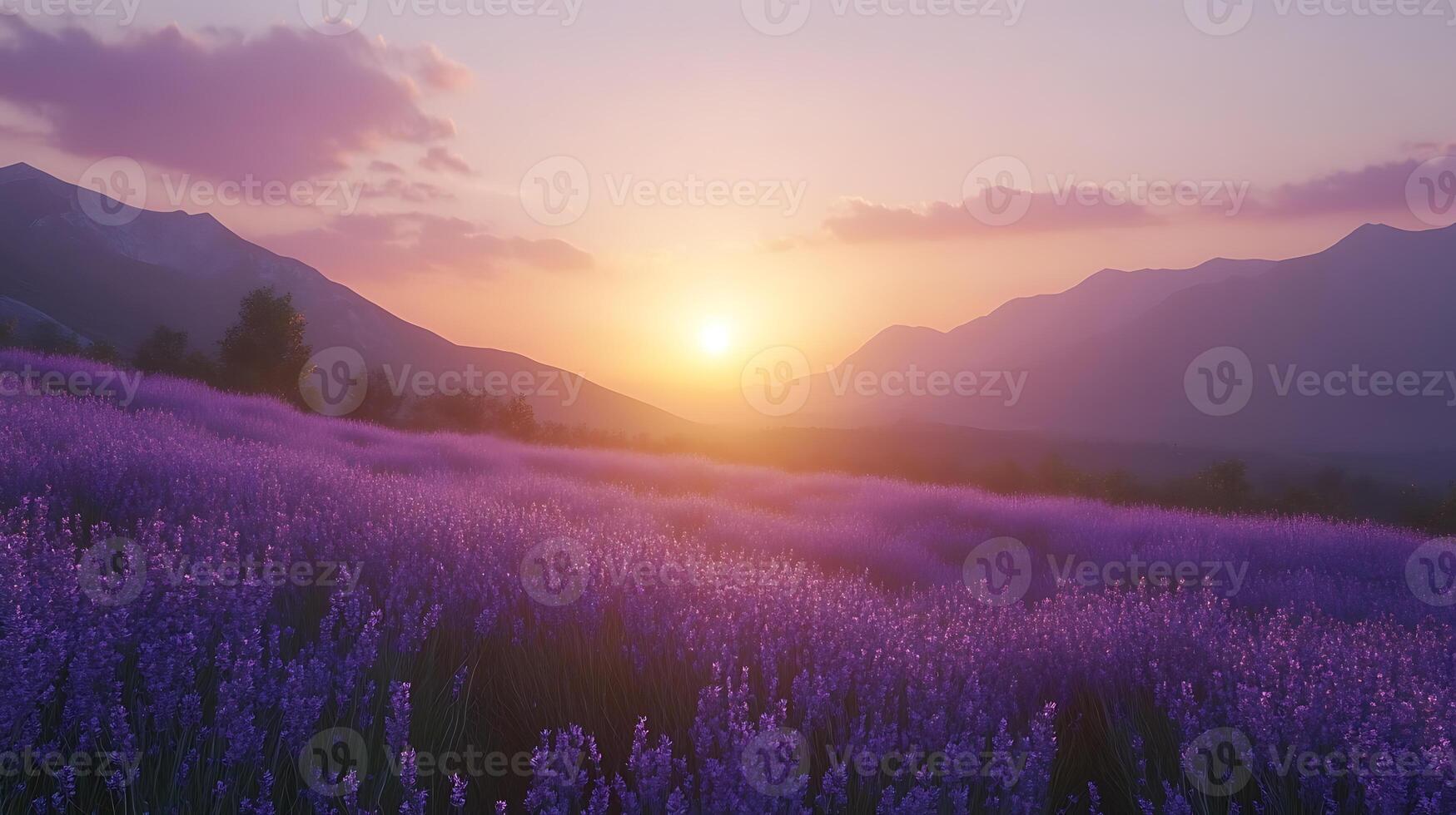 Lavender Field at Sunset With Vibrant Colors and Mountain Backdrop photo