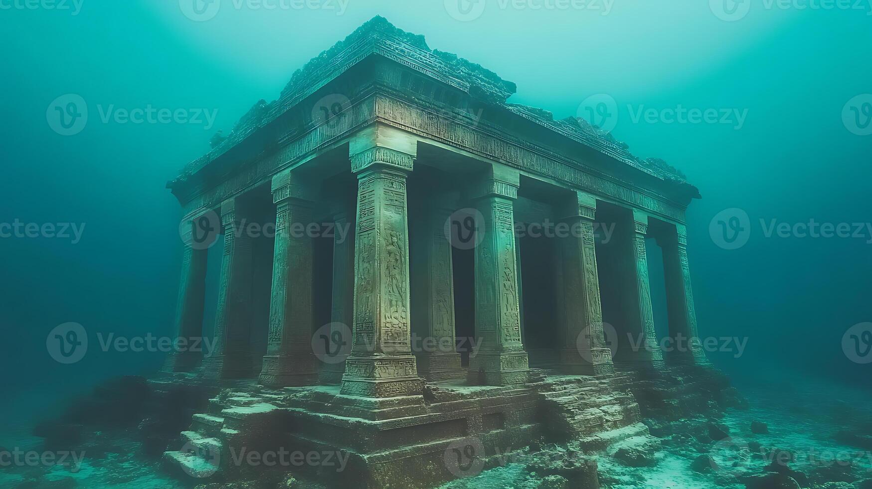 Underwater Ancient Temple in Clear Ocean Waters with Mystical Atmosphere photo