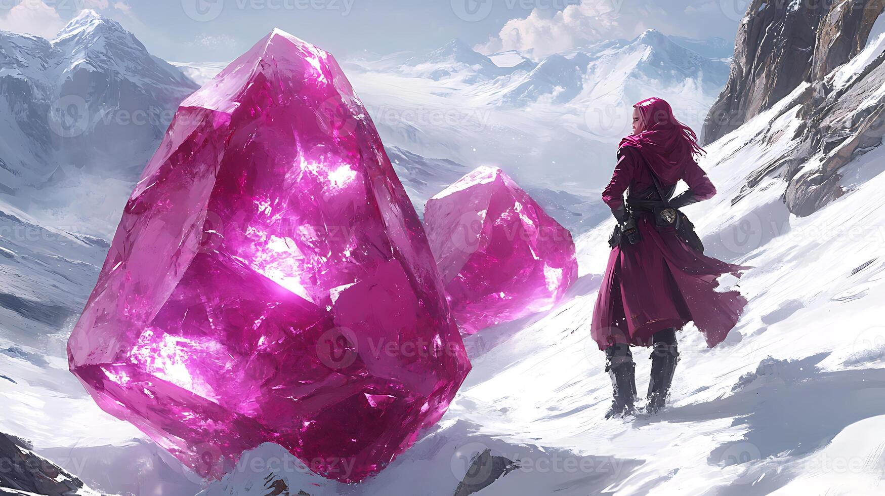 Woman in Snowy Mountains with Giant Pink Crystals photo
