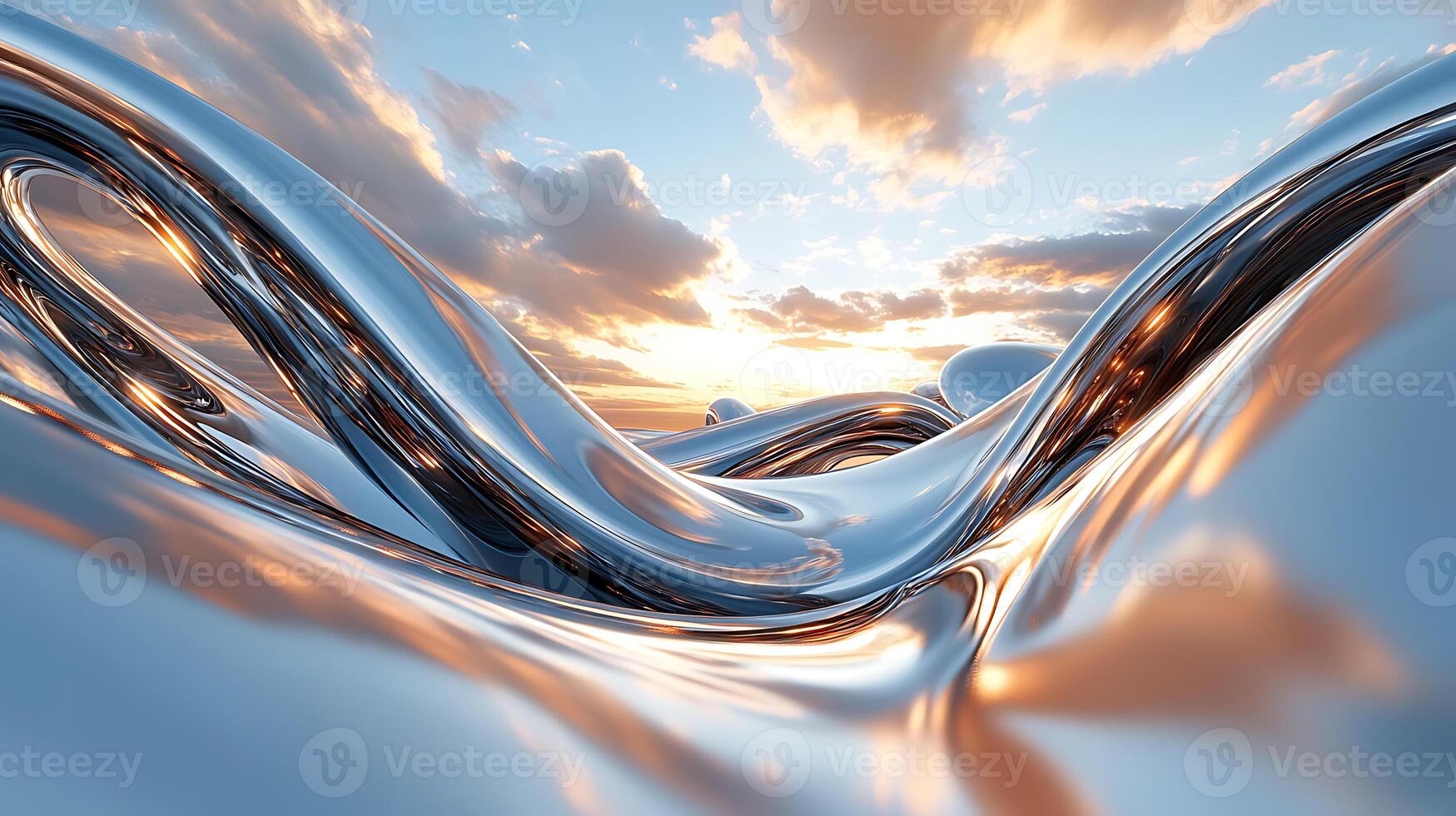 Abstract Metallic Surface Waves Glimmering Under a Radiant Sunset Sky photo