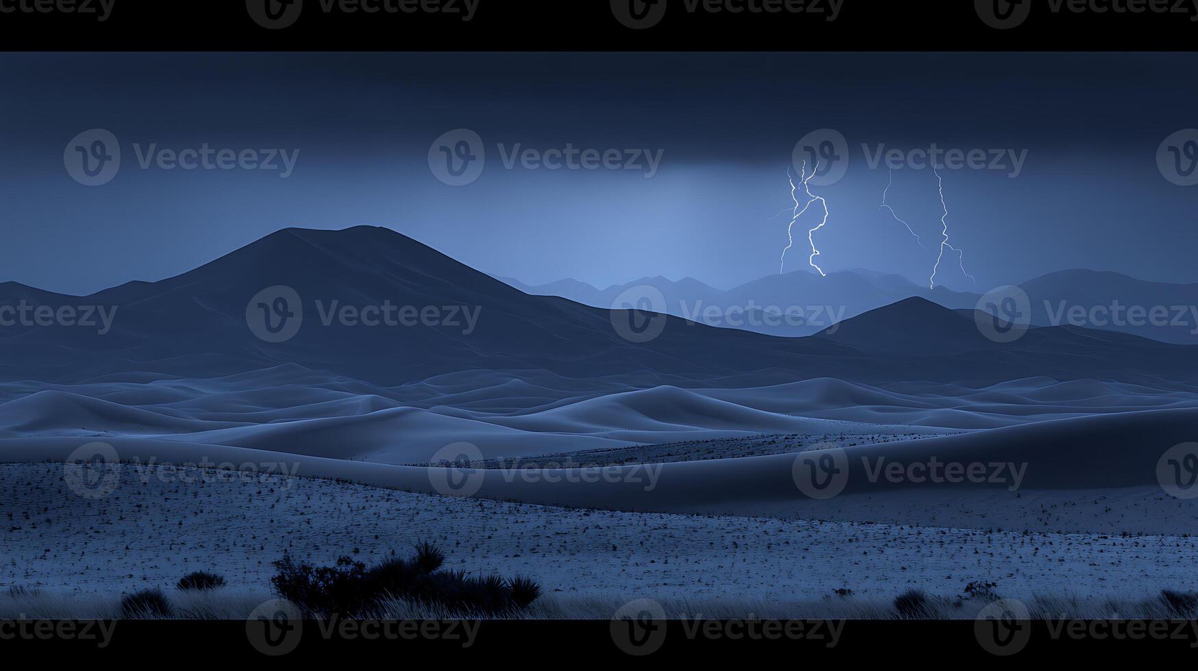 Stormy Desert Landscape Illuminated by Lightning Under a Dark Cloudy Sky photo