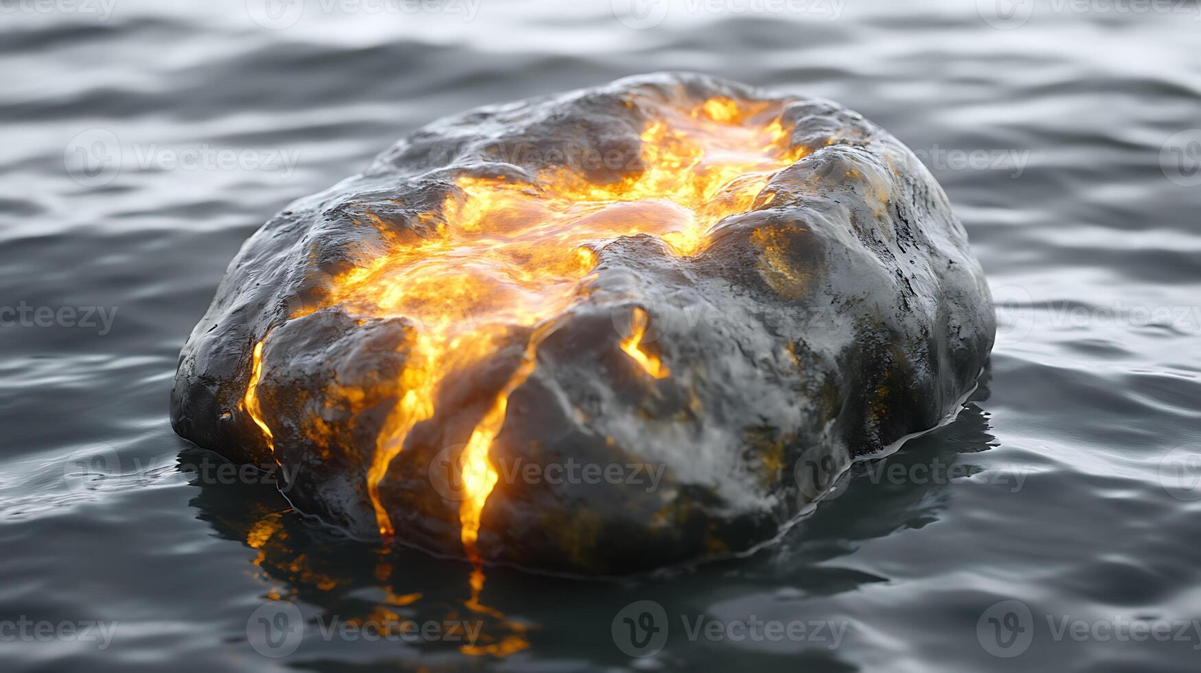 Glowing Hot Stone Resting on Tranquil Water Surface with Bright Illuminations photo