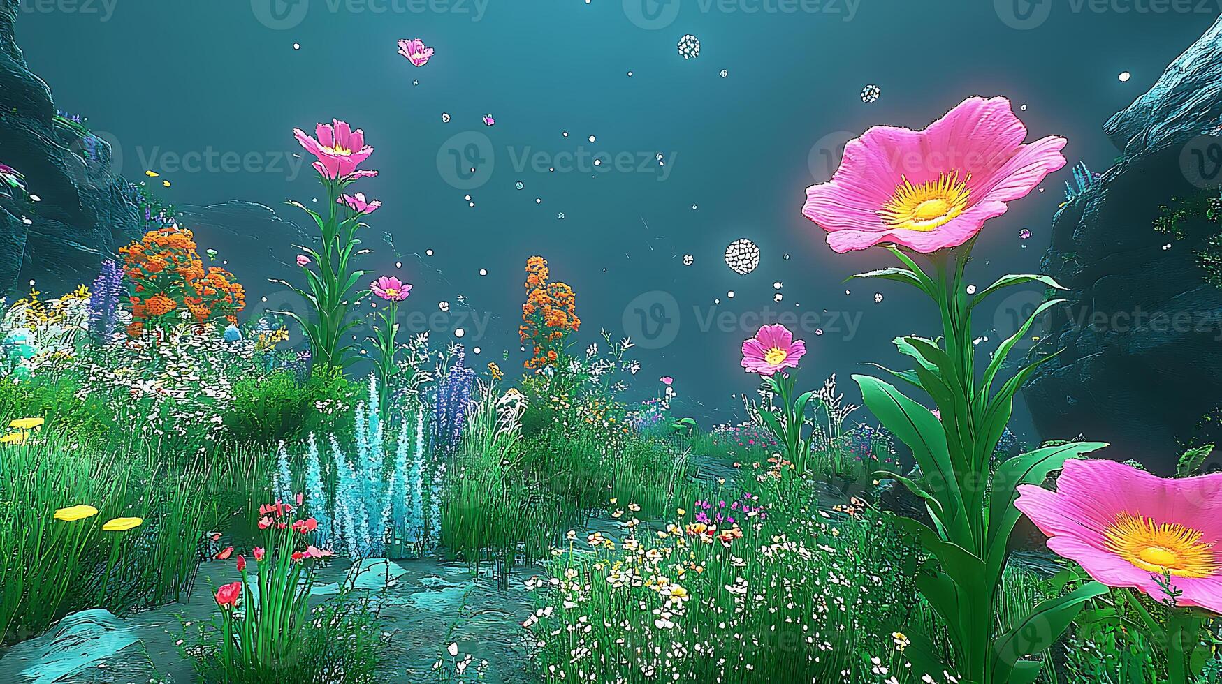 Underwater Fantasy Landscape with Vibrant Flowers and Magical Atmosphere photo