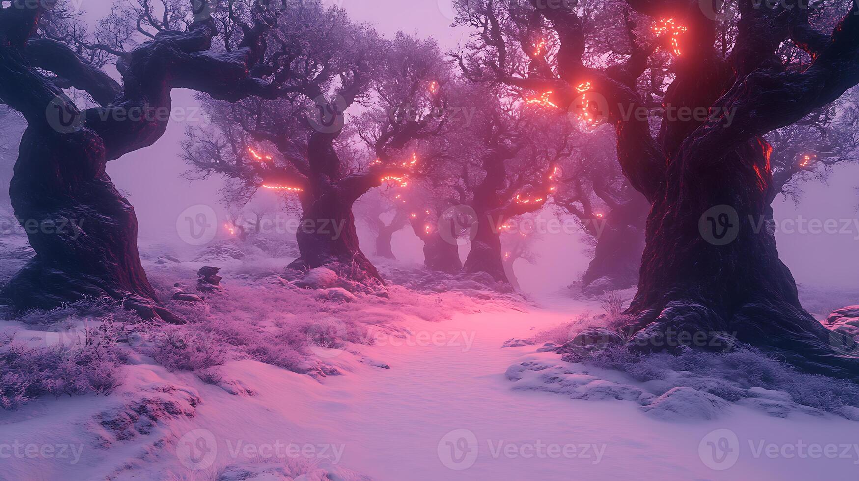 Enchanted Winter Forest With Glowing Trees in Mystical Atmosphere photo