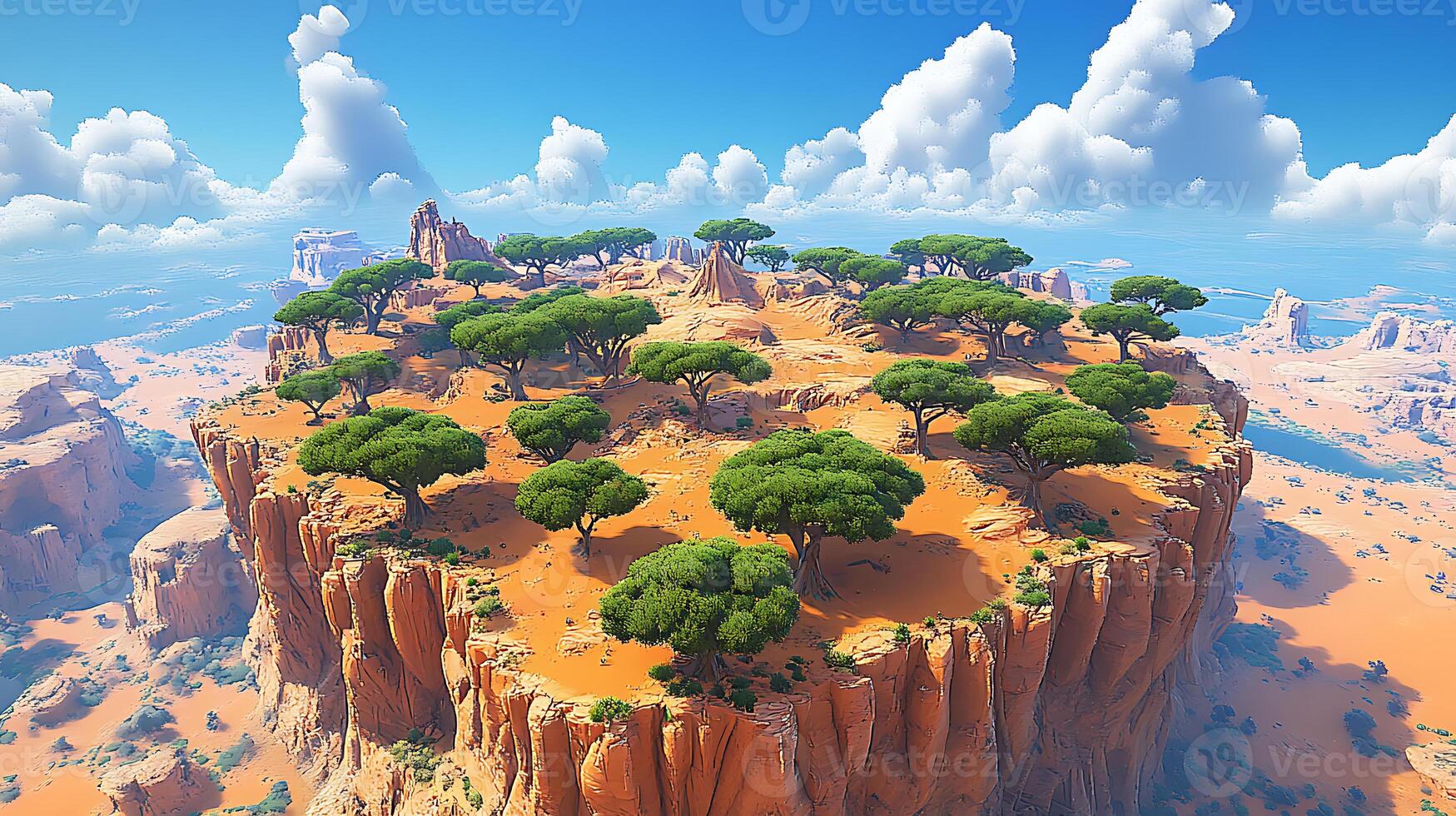 Aerial View of Desert Plateau with Lush Green Trees Against Blue Sky photo