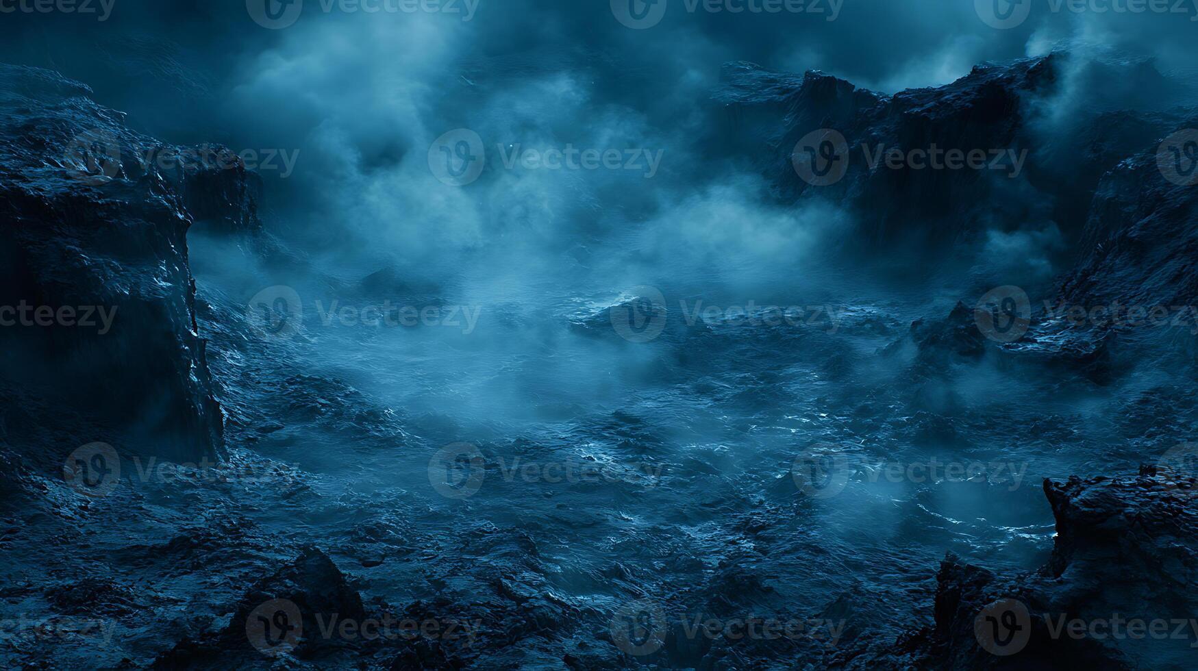 Dark Rocky Terrain with Mysterious Blue Mist and Atmospheric Ambience photo