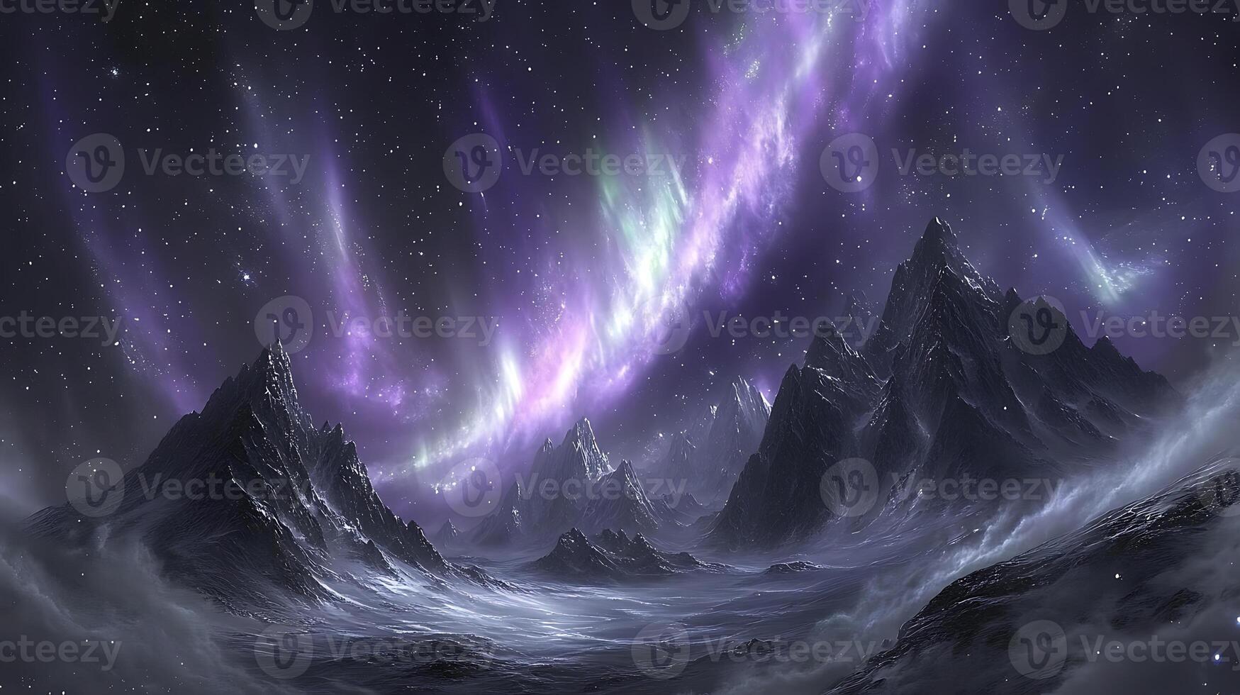 Majestic Mountain Range Under a Vibrant Purple Aurora Borealis Night Sky photo