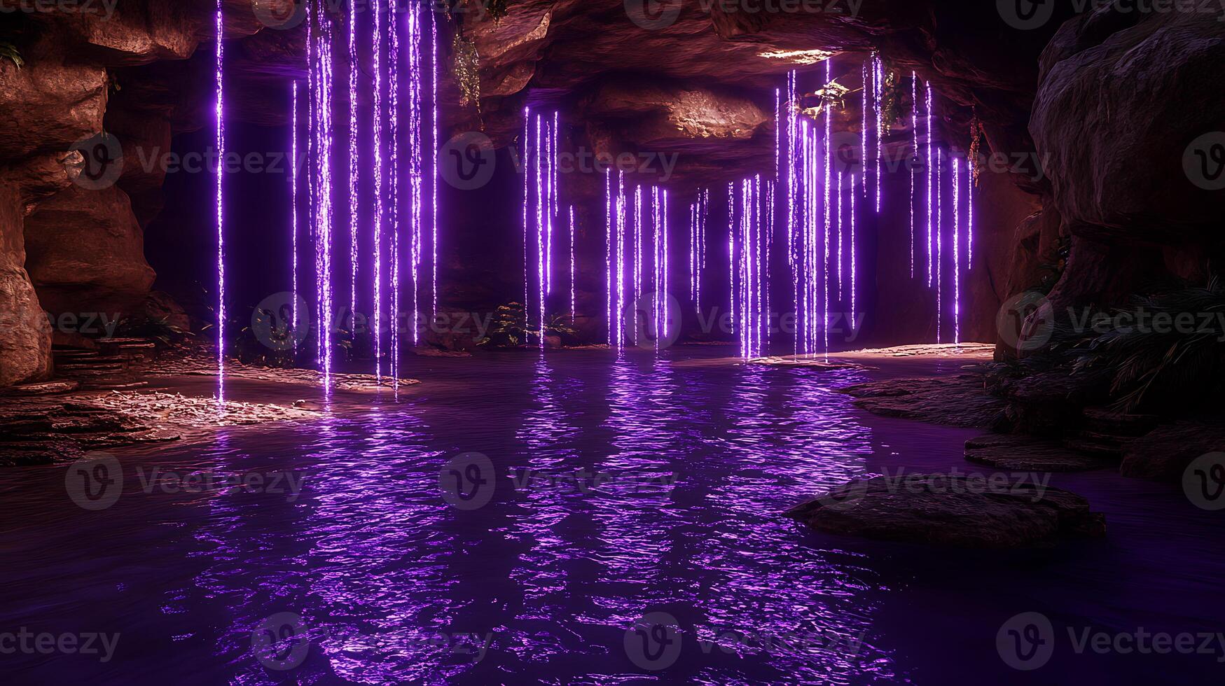 Illuminated Underground Cave with Purple Lights Reflecting on Water Surface photo