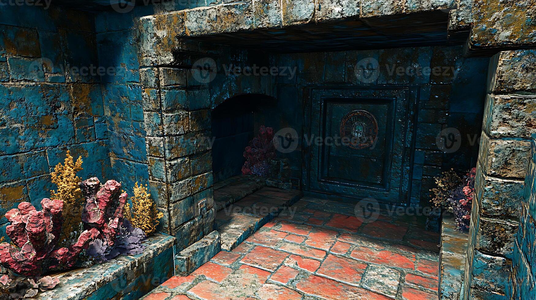 Ancient Underwater Stone Corridor with Rich Coral Decorations photo