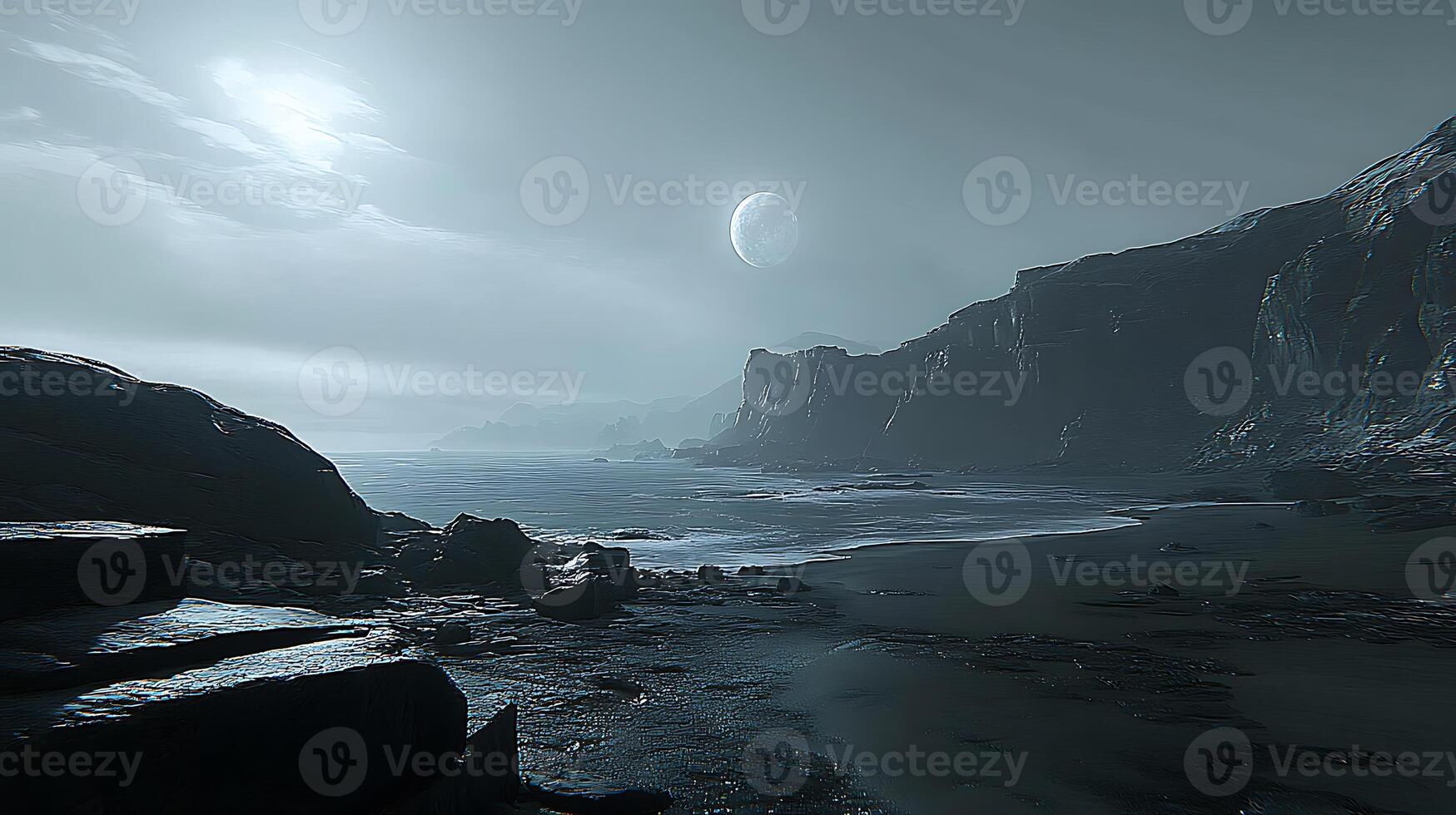 Moonlit Coastal Landscape with Rugged Cliffs and Tranquil Waters at Night photo