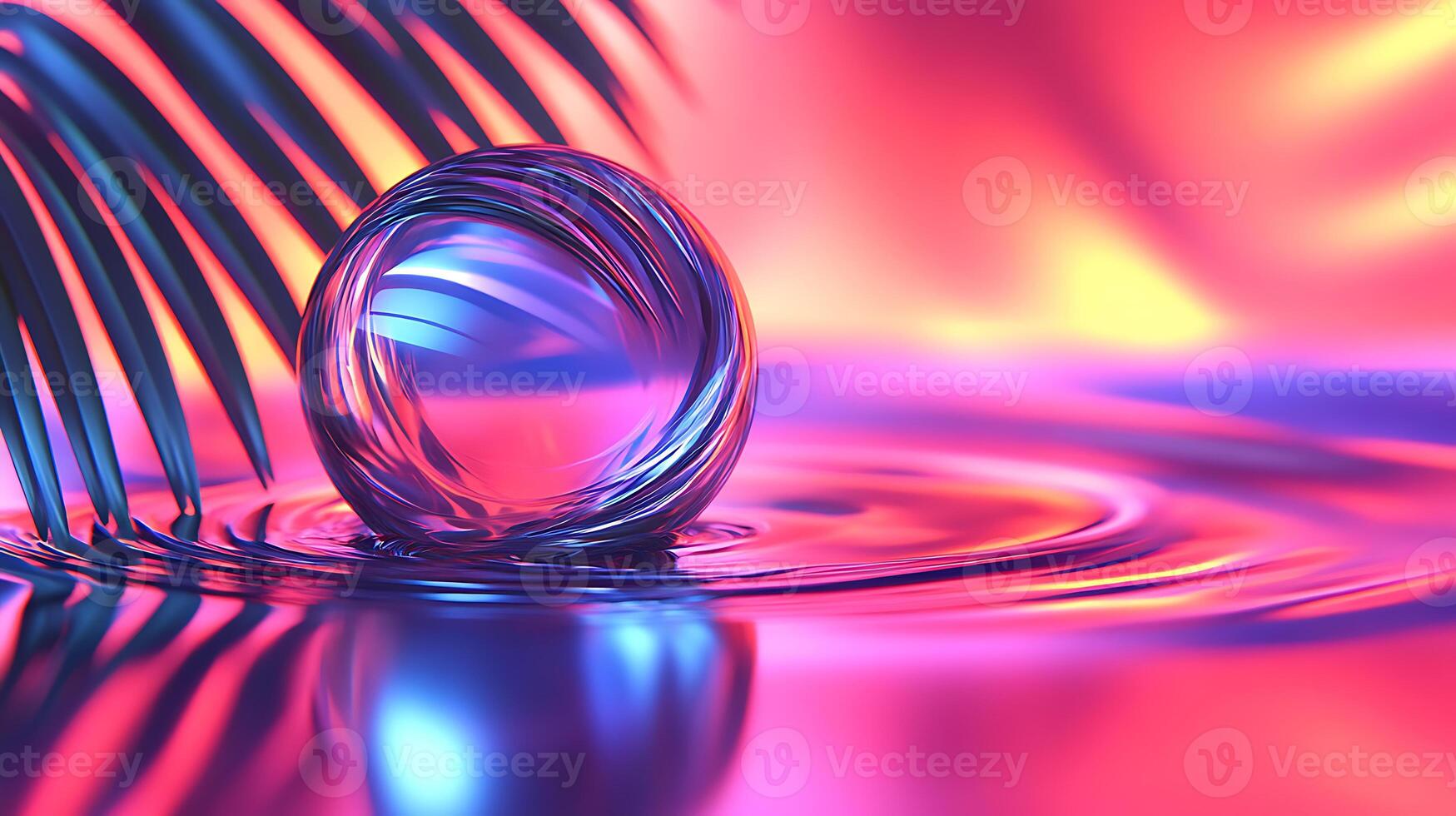 Vibrant Abstract Sphere Reflecting Neon Colors with Tropical Palm Leaves photo
