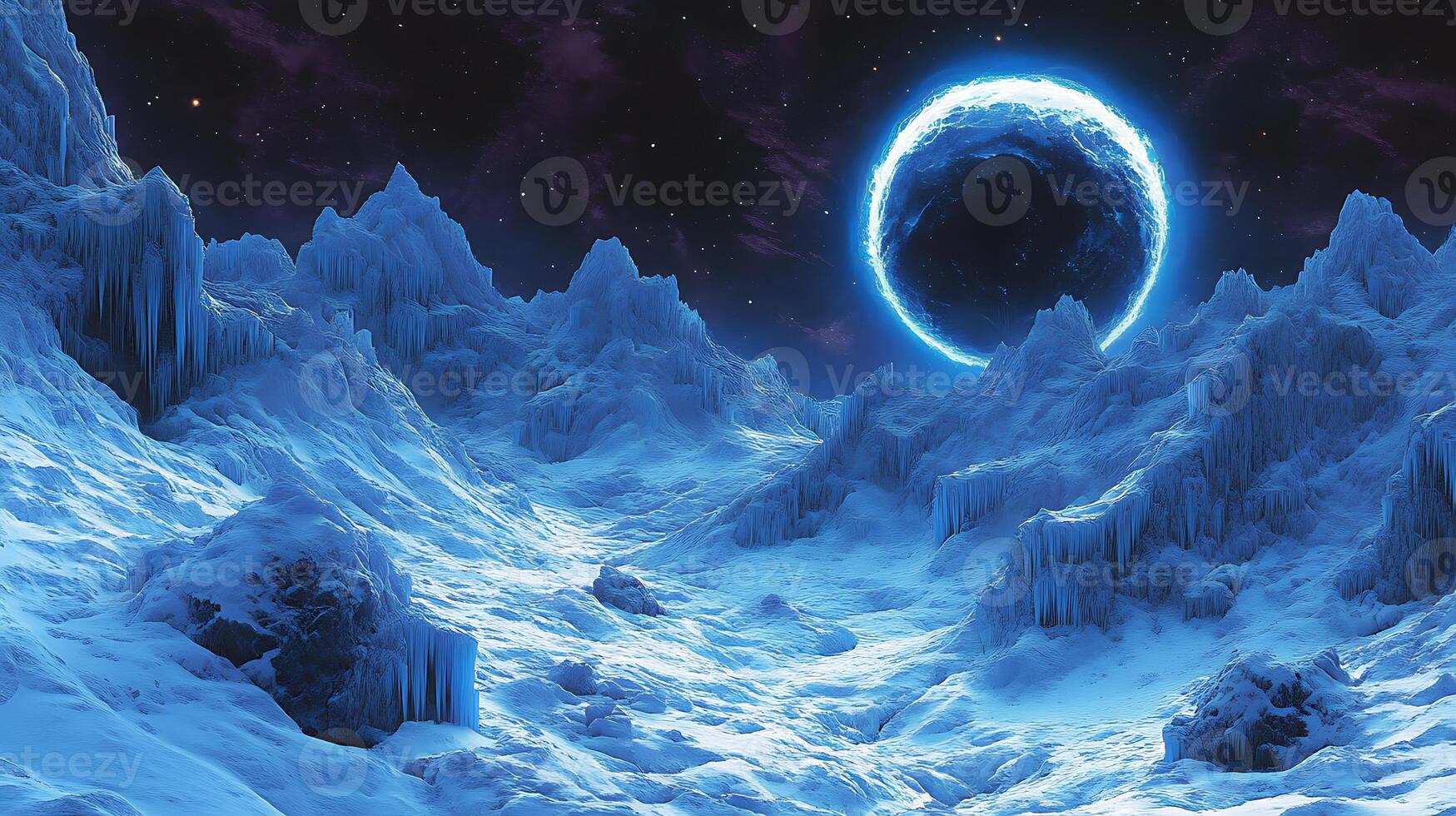 Magical Frozen Landscape with Moon in Vibrant Night Sky photo