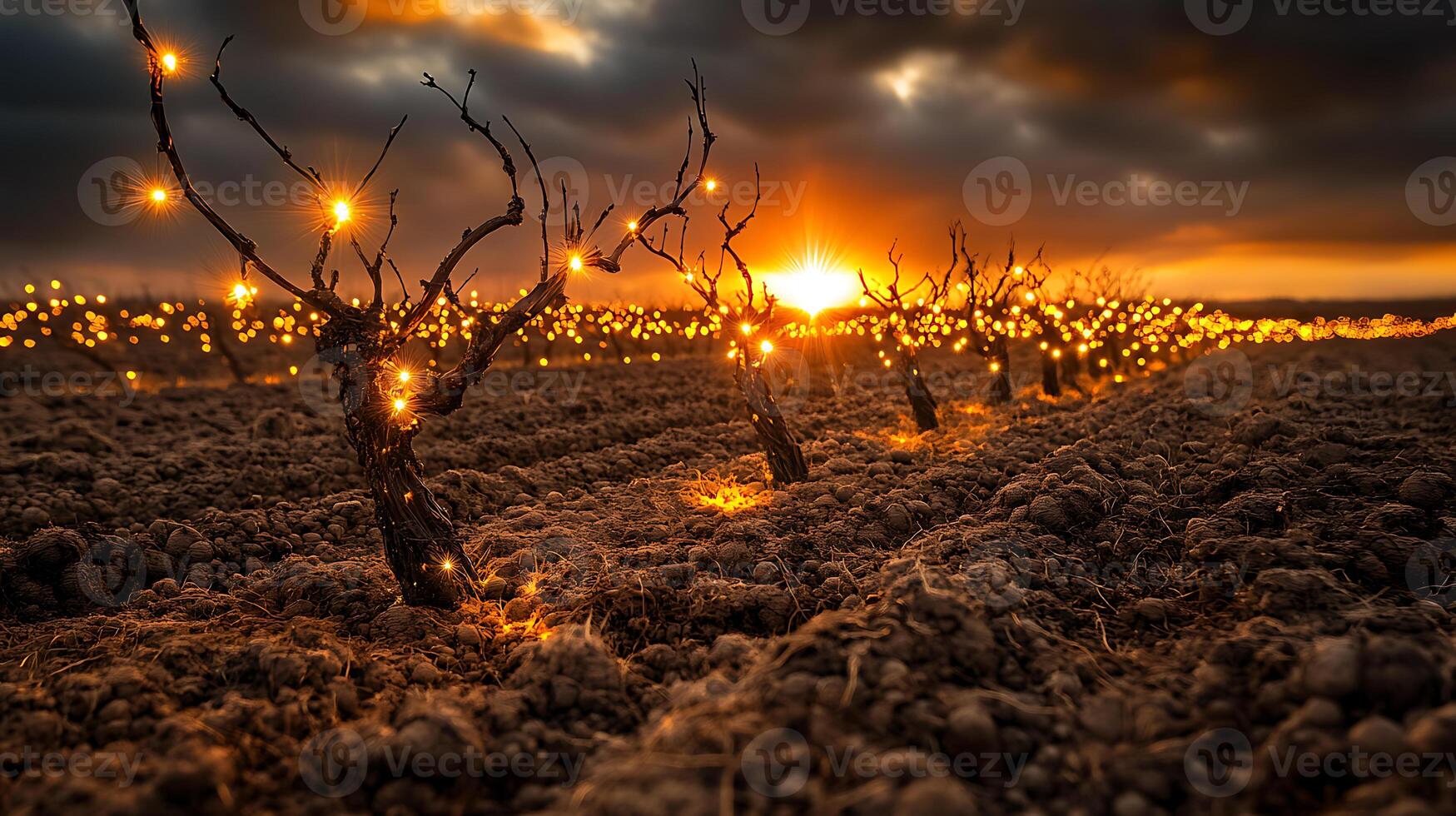 Enchanting Sunset Over Vineyard with Illuminated Bare Vines photo