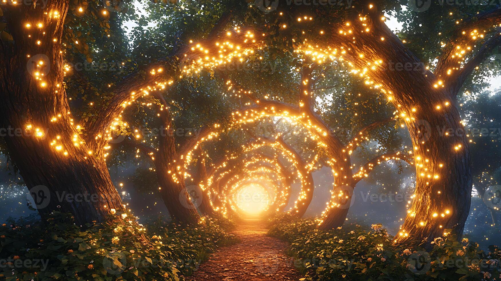 Magical Forest Path Illuminated by Enchanting Twinkling Lights at Twilight photo