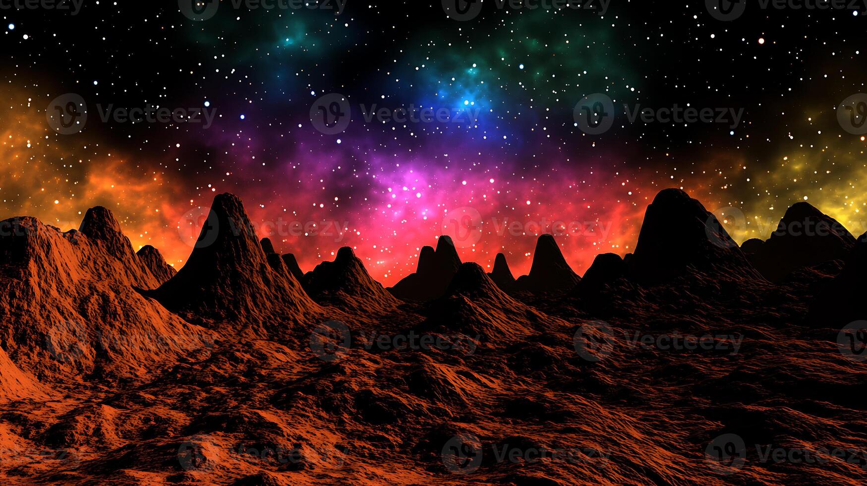 Abstract Landscape of Alien Planet With Colorful Skies and Rocky Terrain photo