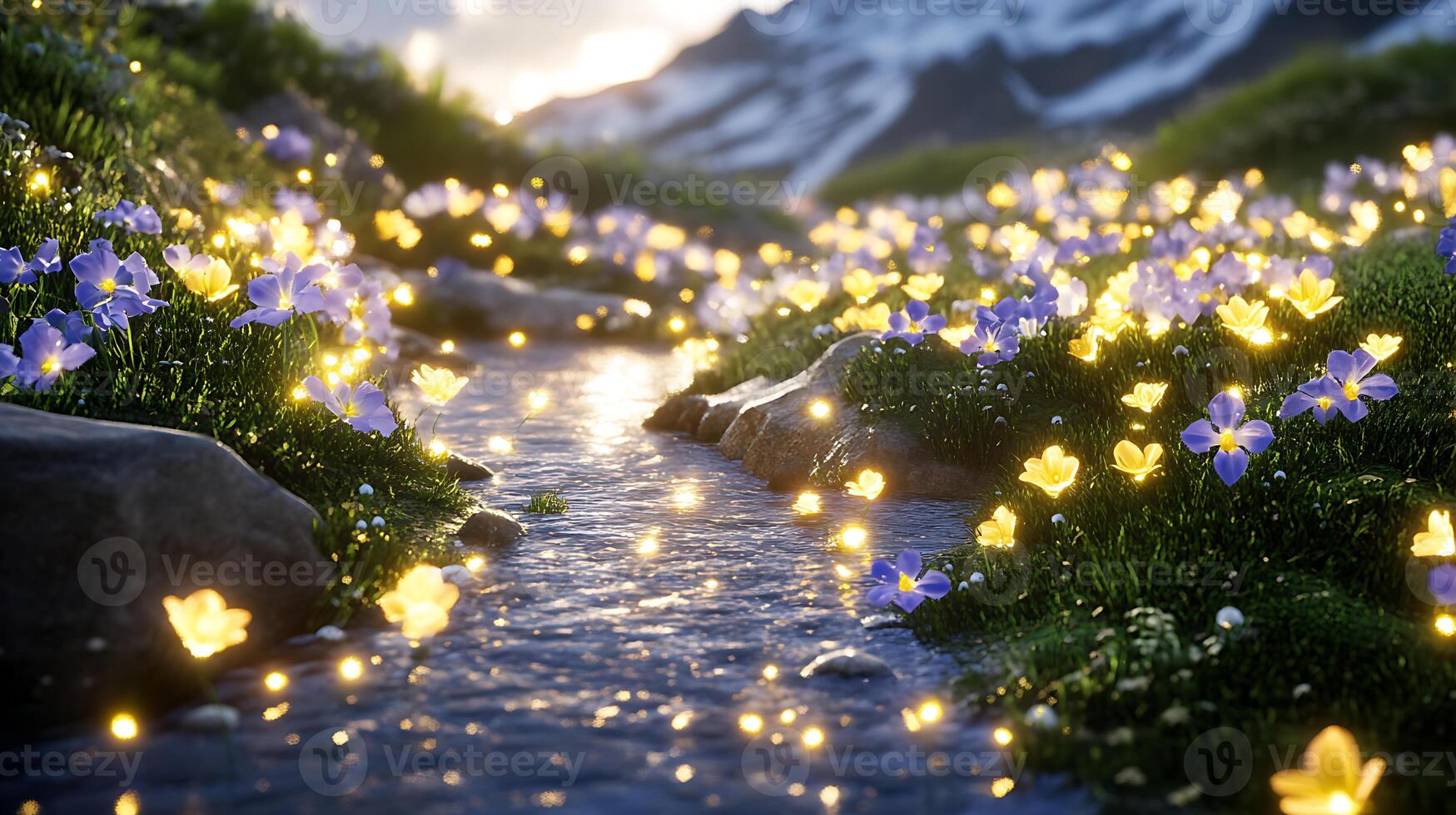 Enchanting Stream With Bioluminescent Flowers in a Mountainous Meadow photo