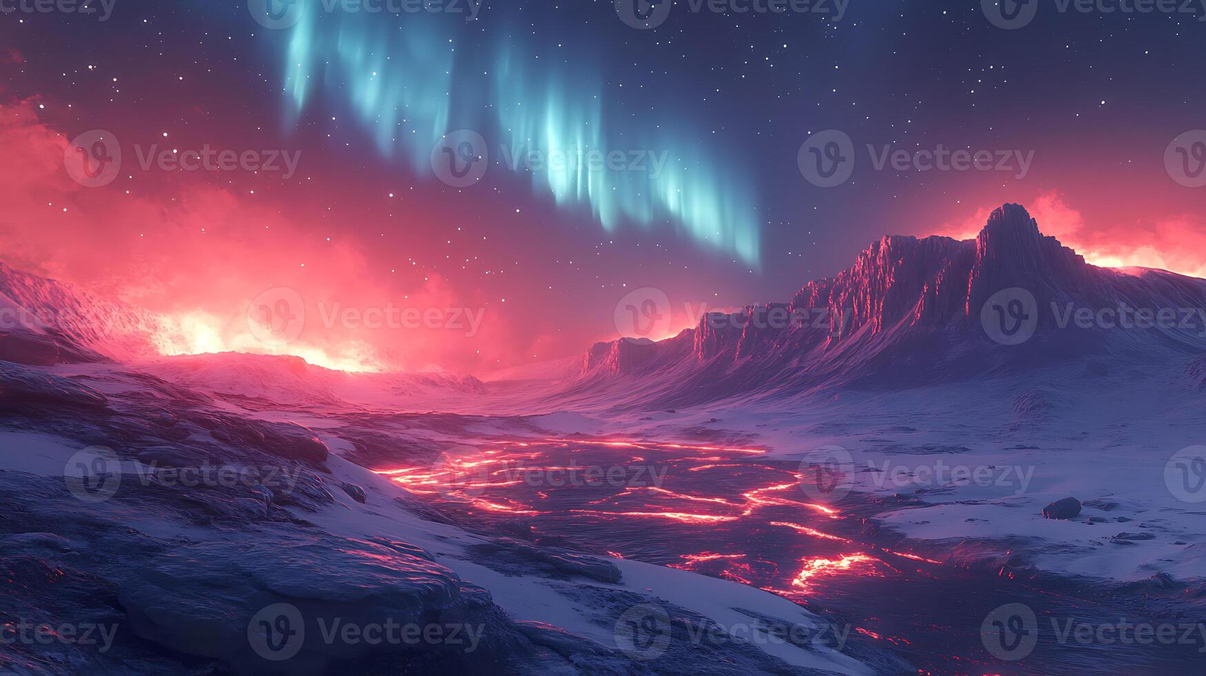Aurora Borealis Over Lava Flow in Snowy Arctic Mountain Landscape photo
