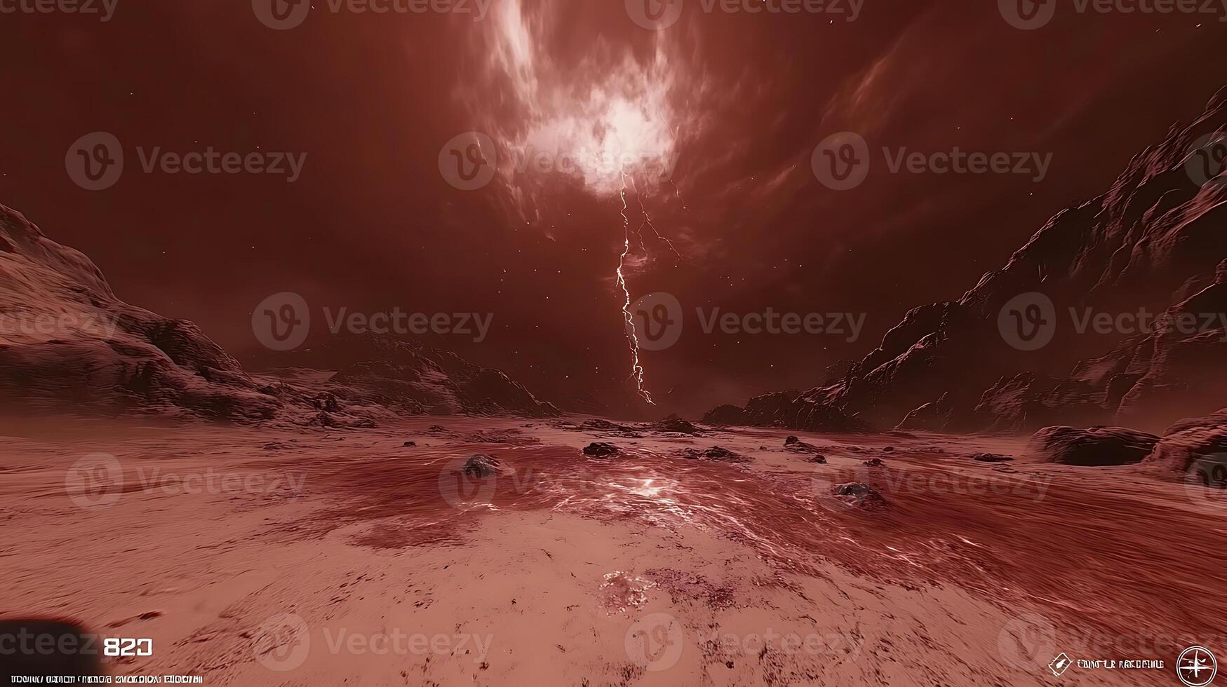 Surreal Red Desert Landscape with Striking Lightning and Dramatic Sky photo
