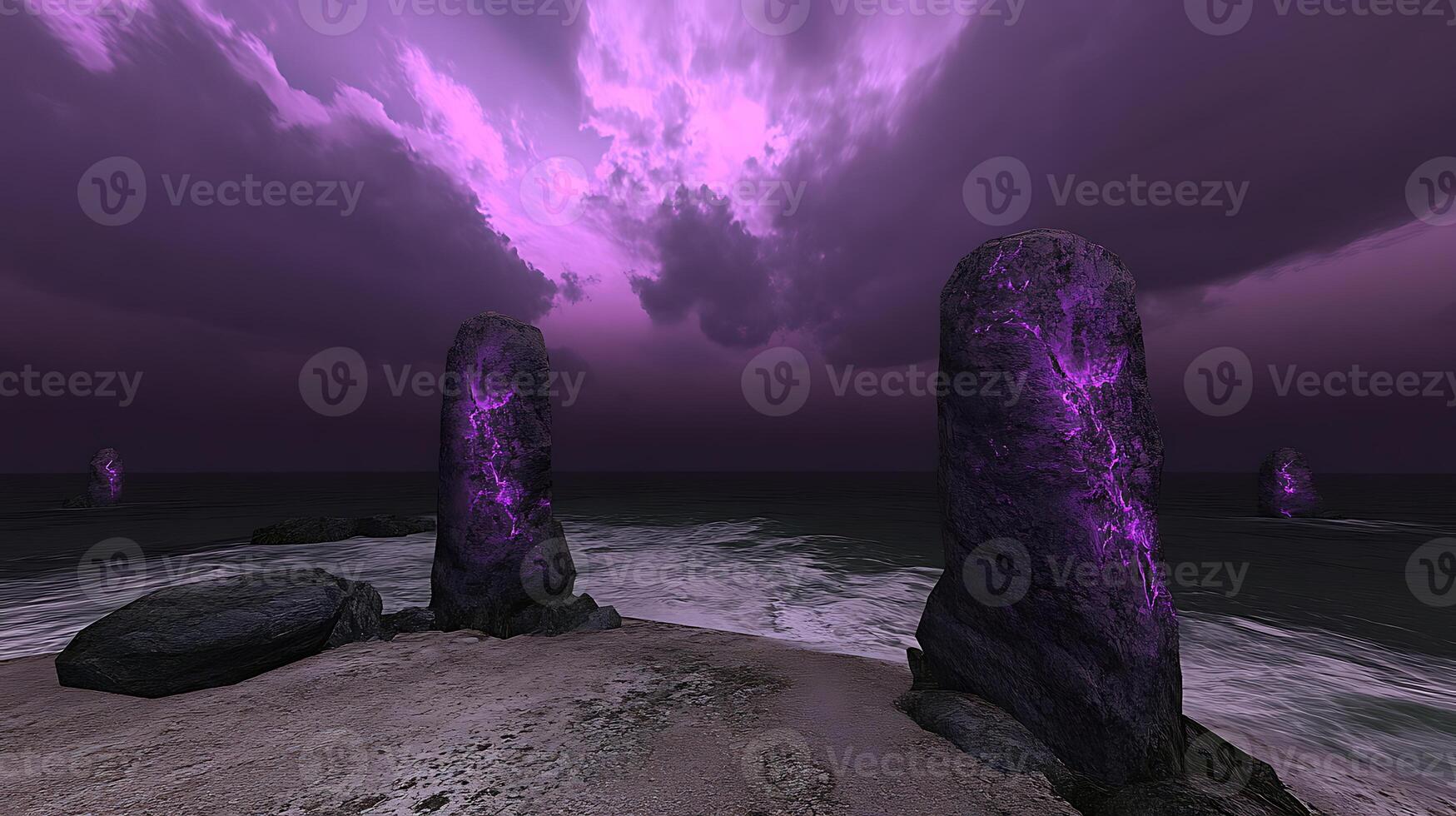Fantasy Beach Scene With Illuminated Monoliths and Purple Sky photo