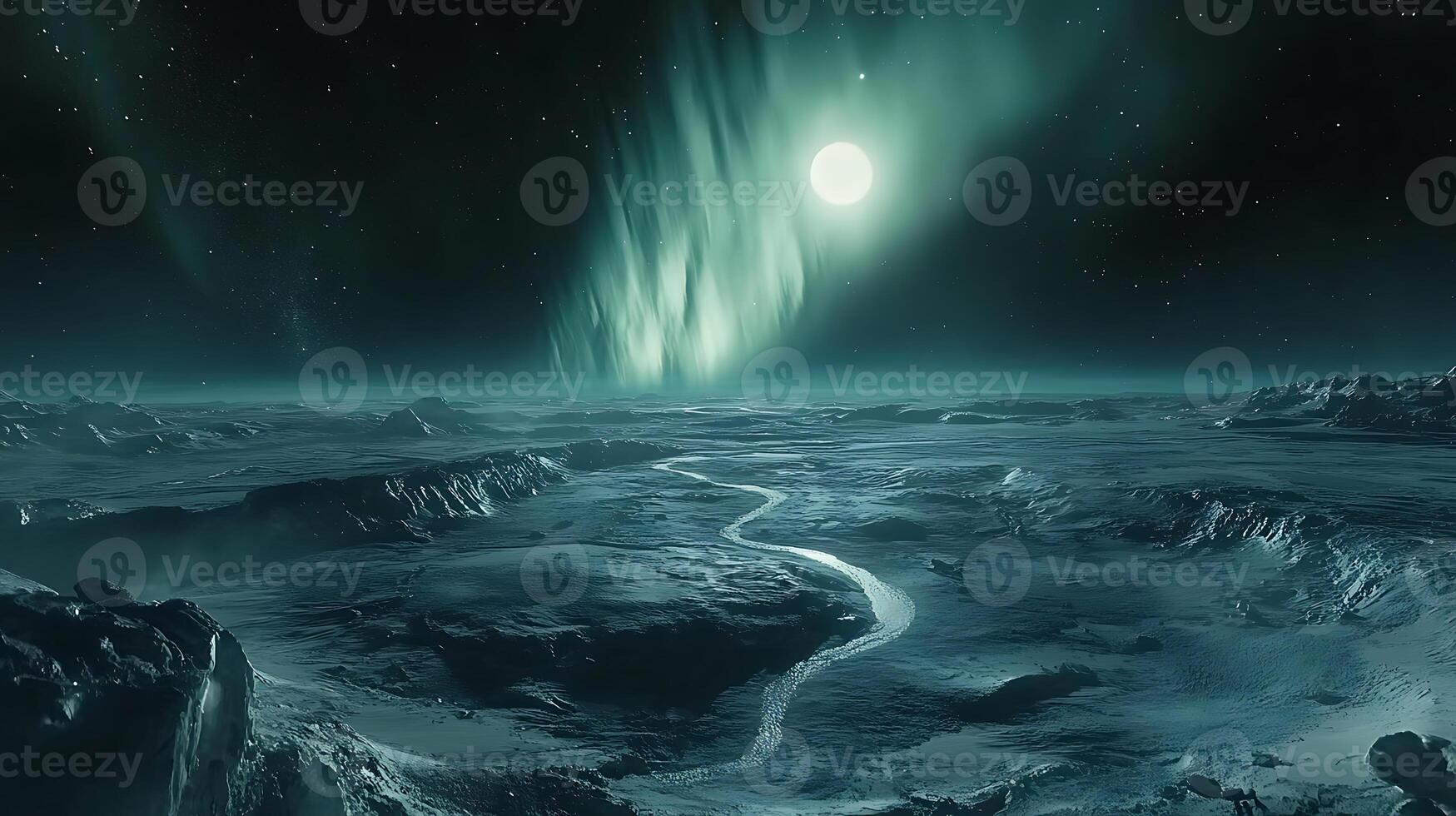 Enchanted Arctic Landscape with Aurora Borealis and Serene Frozen River at Night photo