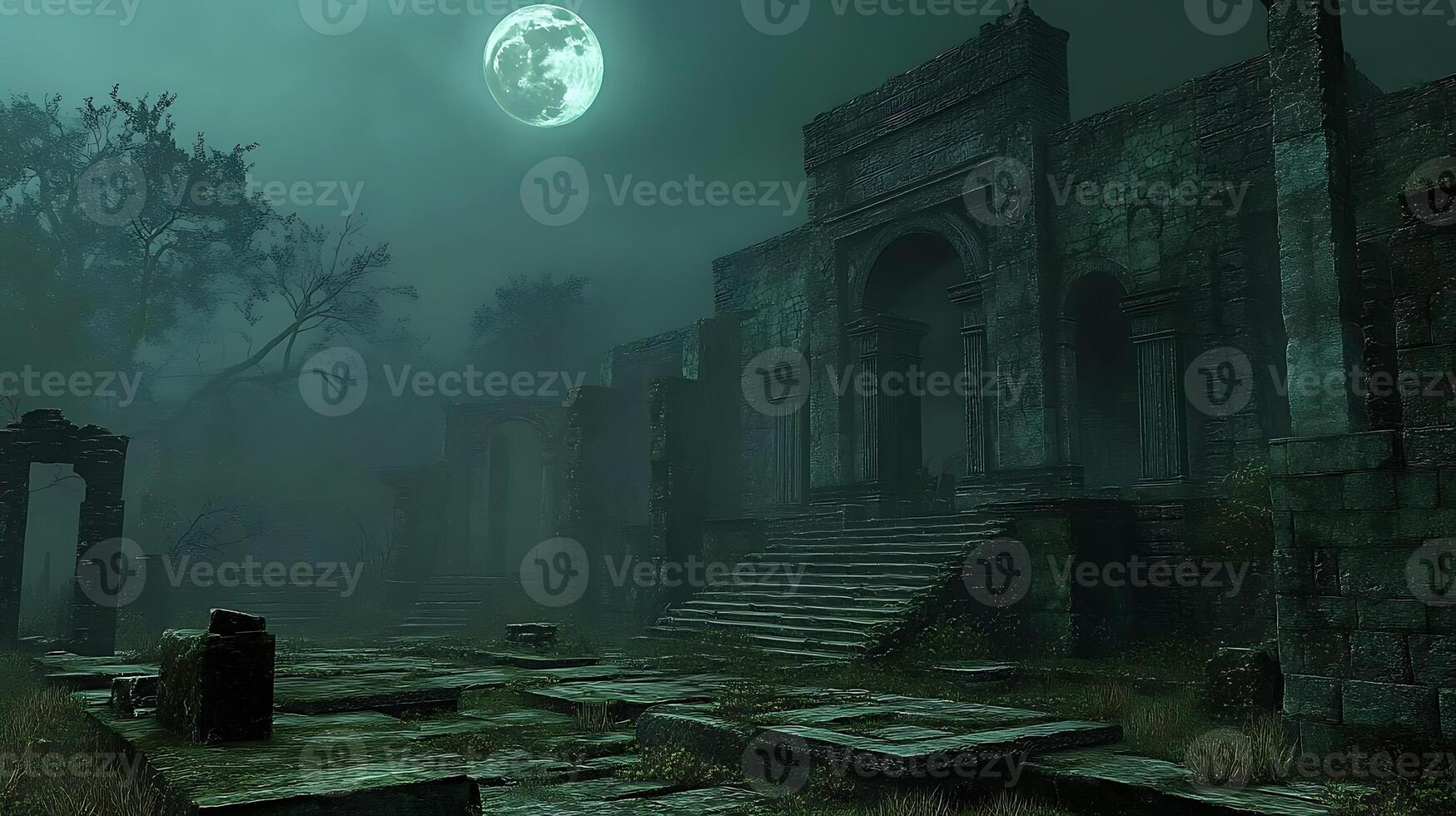 Serene Ruins Illuminated by Eerie Moonlight Under a Mystical Sky photo