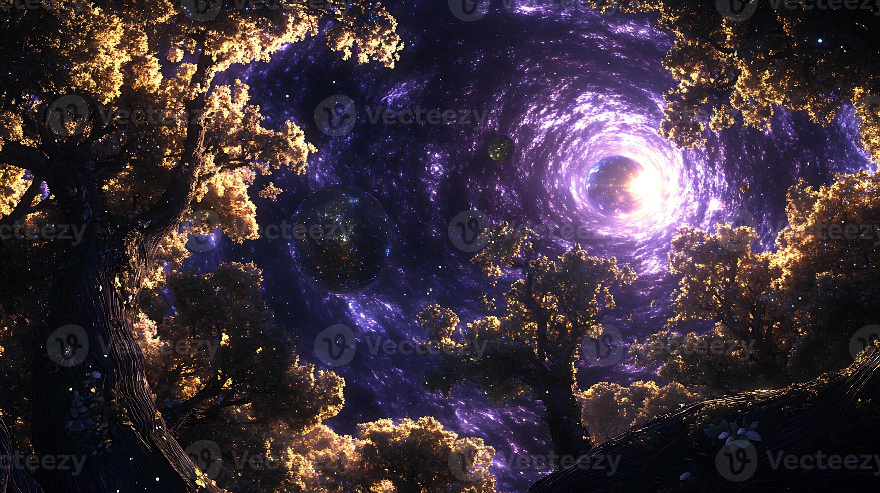 Magical Forest Scene with Cosmic Portal and Glowing Trees photo