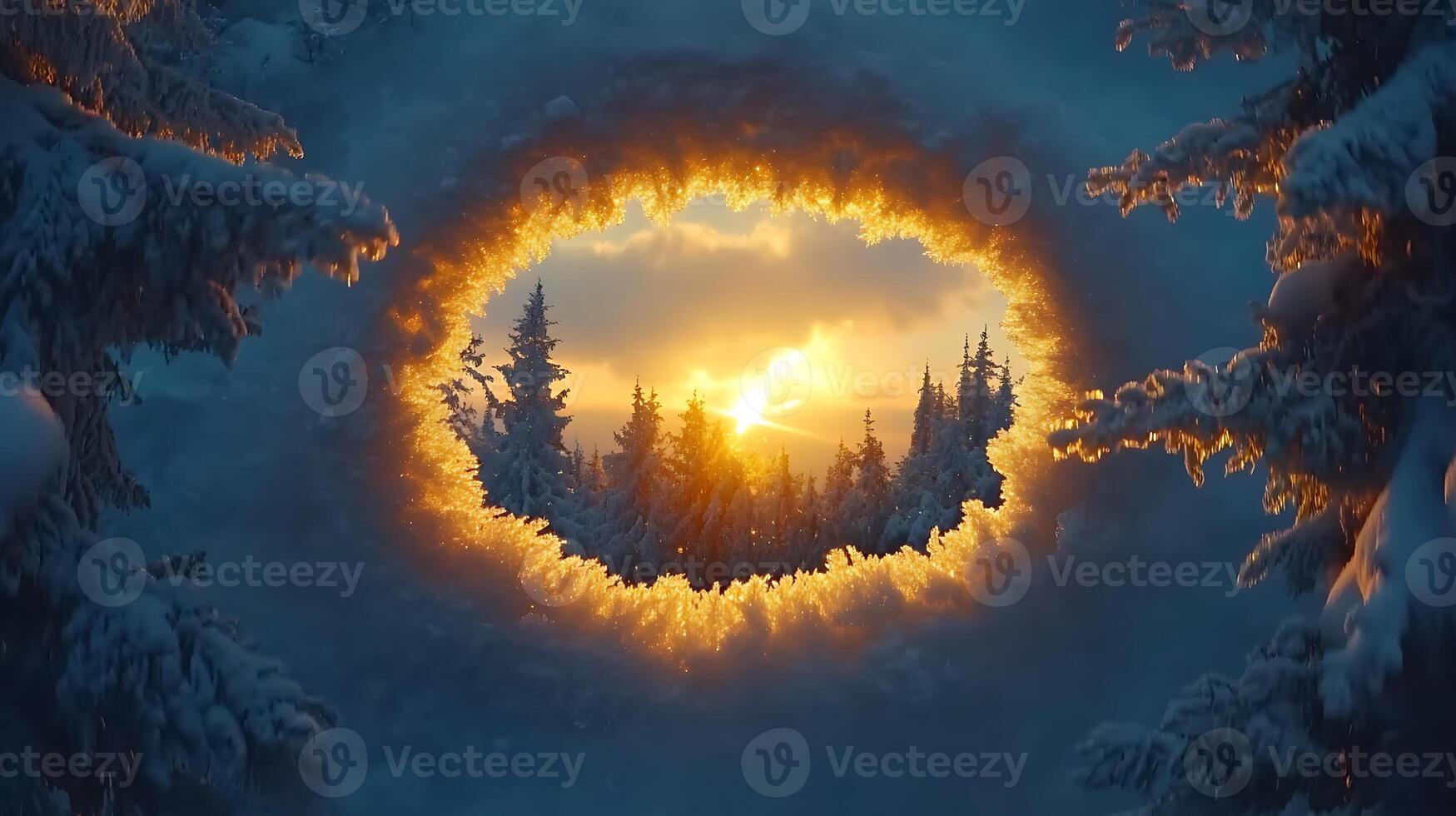 Magical Winter Sunrise Through Snowy Forest Revealing Golden Light and Blue Shadows photo
