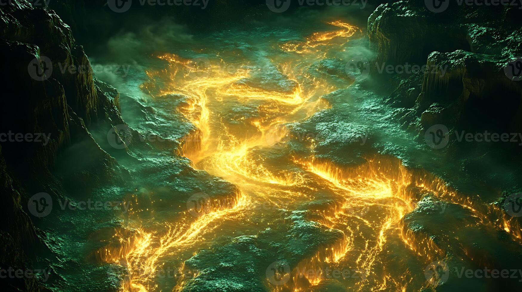 Scenic Labyrinth of Lava Flowing Through a Dark Volcanic Landscape photo