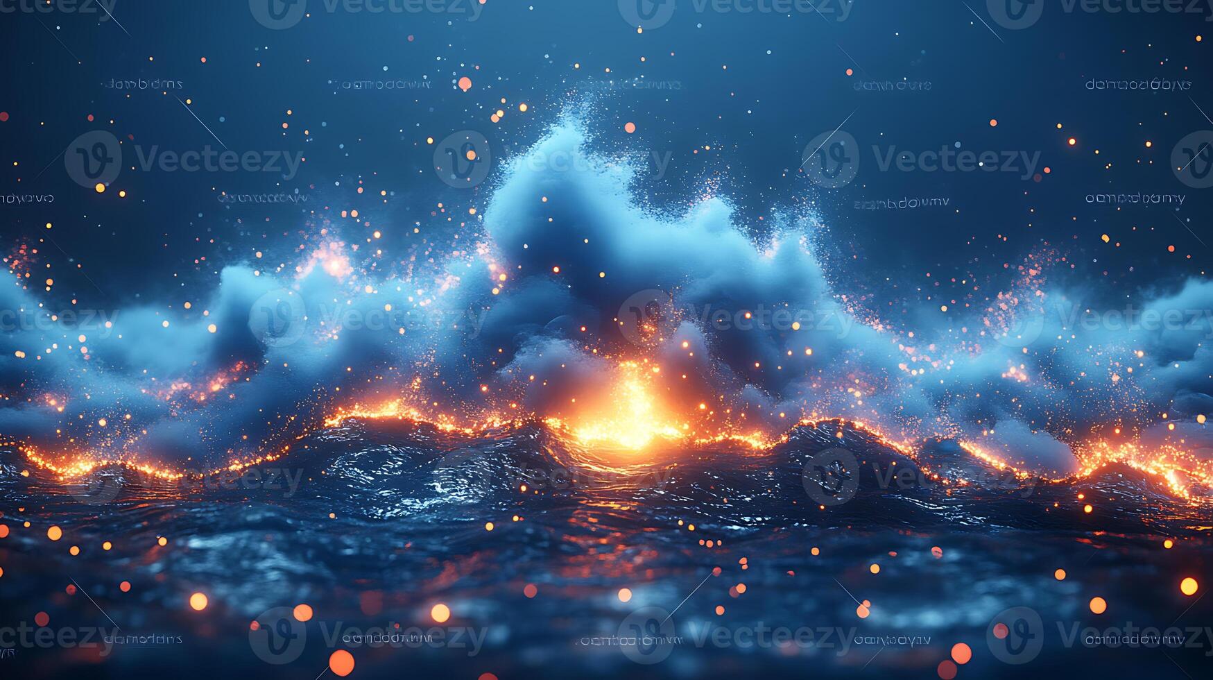 Luminous Fiery Waves in Majestic Oceanic Atmosphere With Sparkling Particles photo