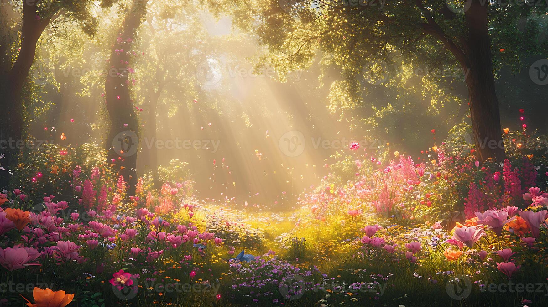 Enchanting Forest in Full Bloom Illuminated by Golden Rays of Sunlight photo
