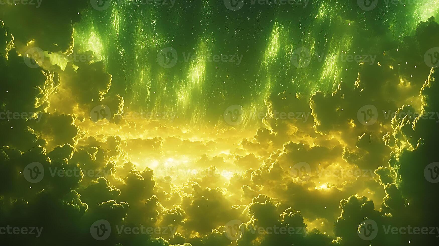 Ethereal Green Clouds Illuminated by Radiant Light in a Mystical Sky photo