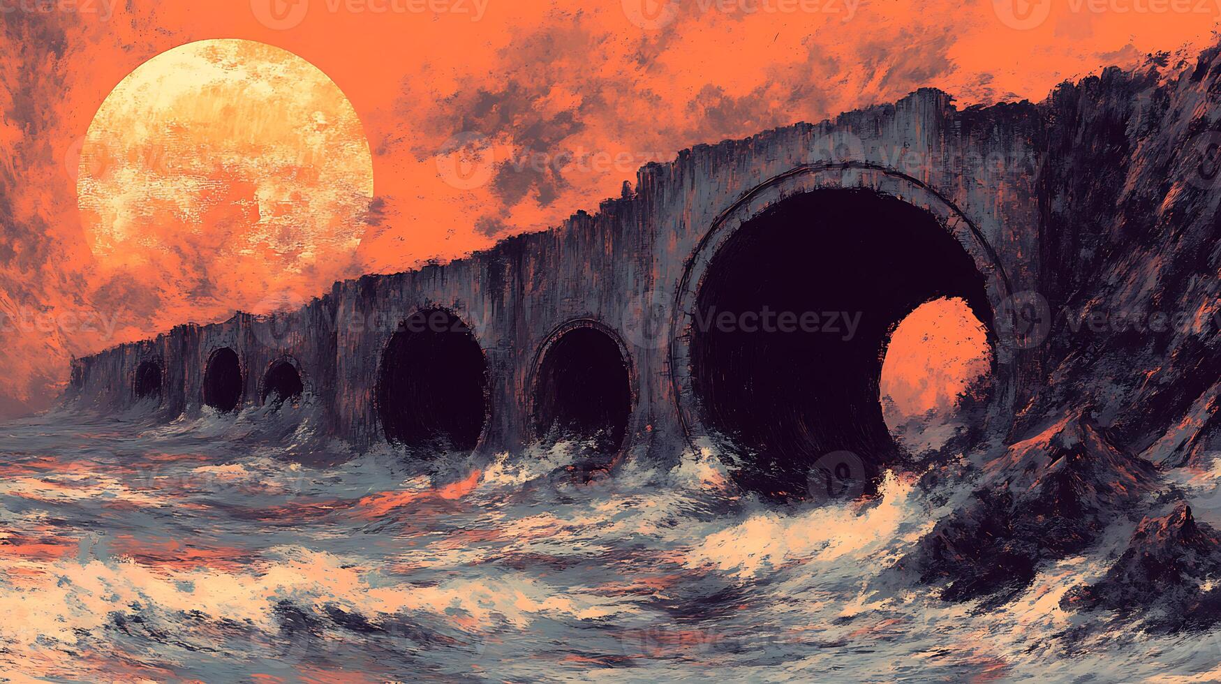 Majestic Seaside Tunnel Under a Vibrant Sunlit Sky with Dramatic Waves photo