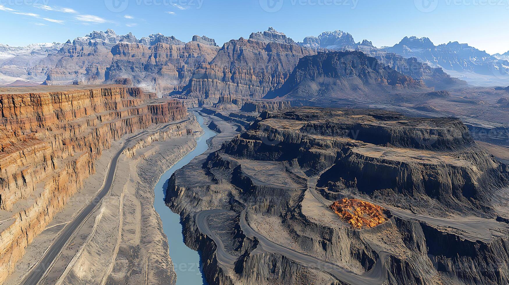 Majestic Canyon Landscape with River Flowing Between Rocky Plateaus photo