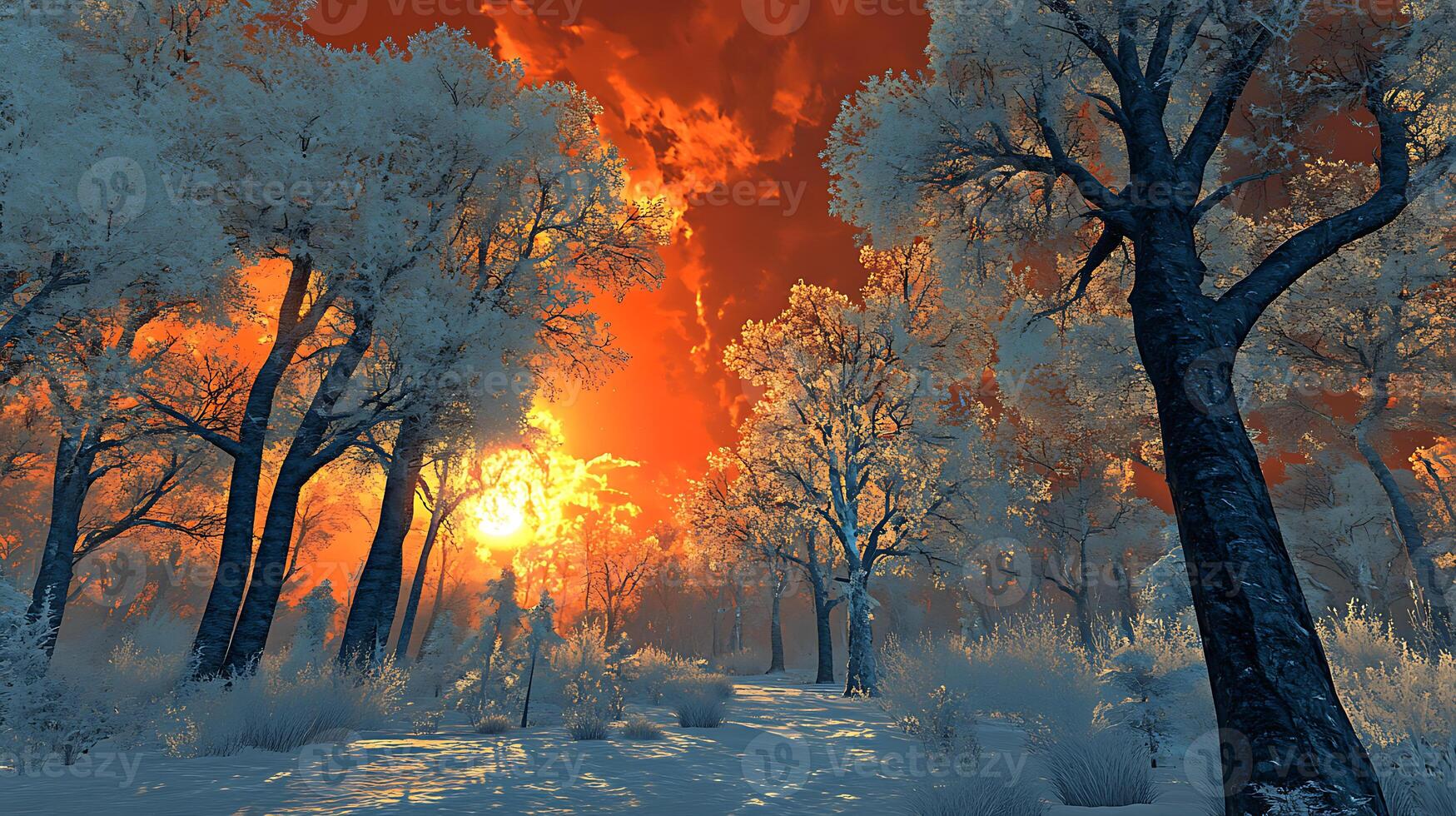 Dramatic Sunset Over a Snow-Covered Forest Winter Landscape photo