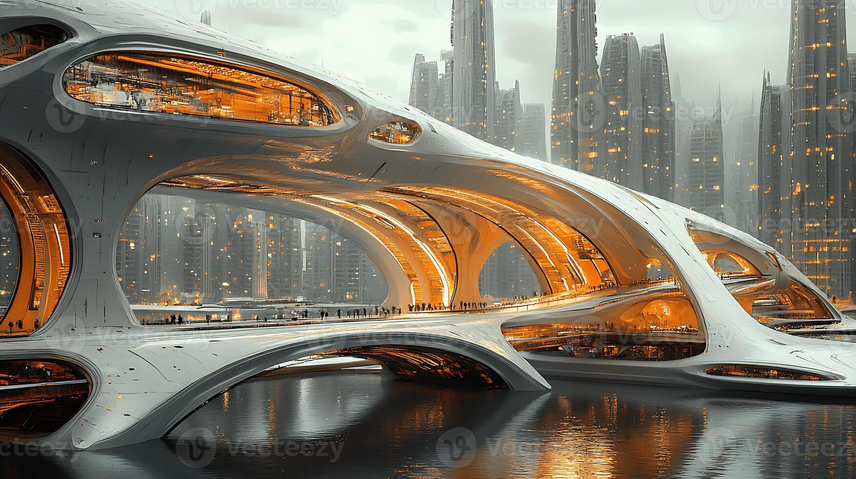 Futuristic Urban Bridge Structure With Illuminated Arches Spanning a Reflective River photo