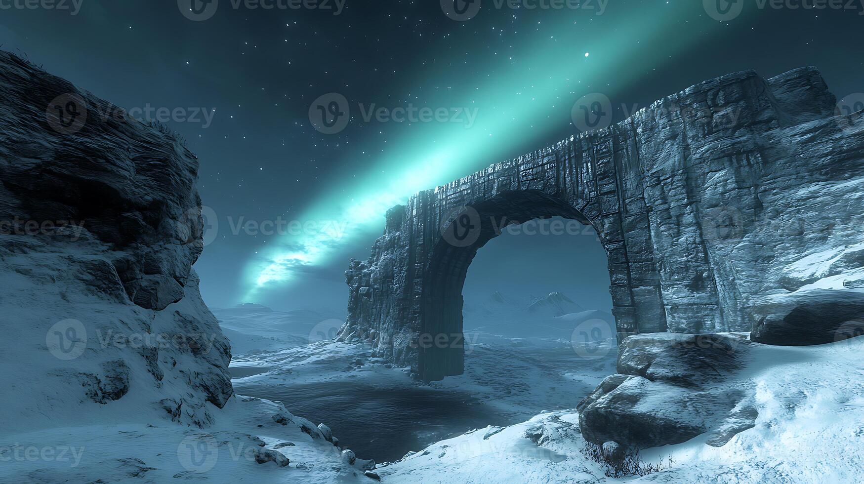 Majestic Winter Landscape With Aurora Borealis and Ancient Stone Arch photo