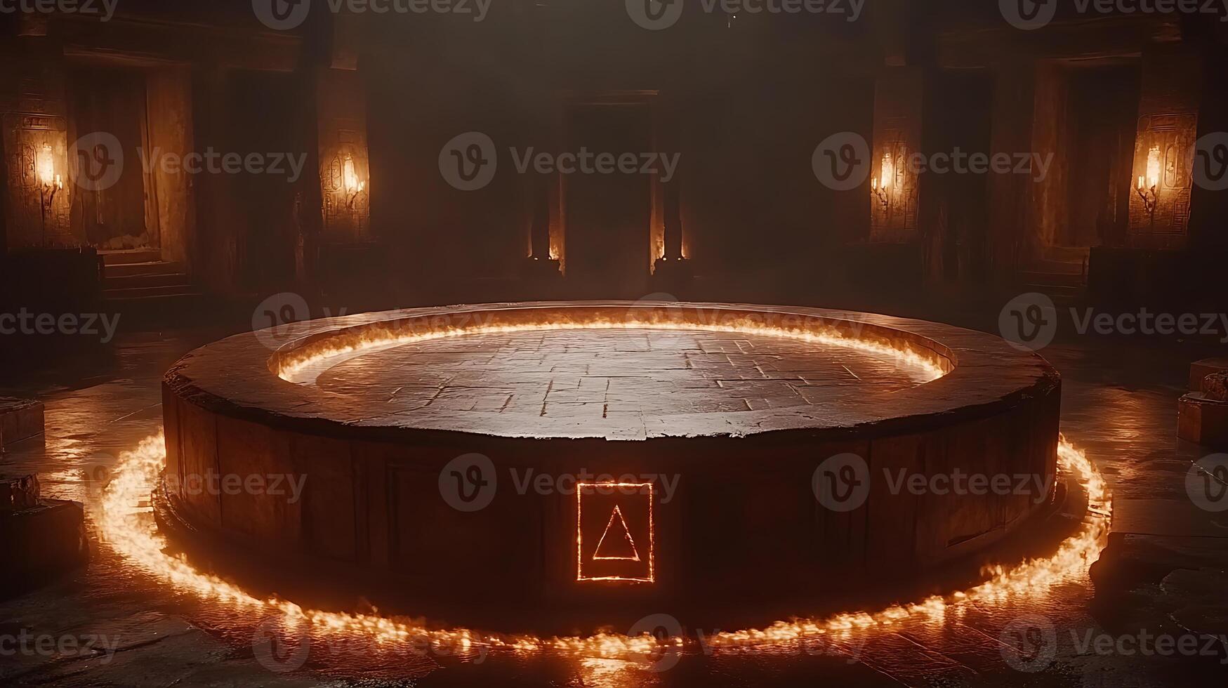 Circular Ancient Ritual Chamber with Glowing Fire Elements and Geometric Symbols photo
