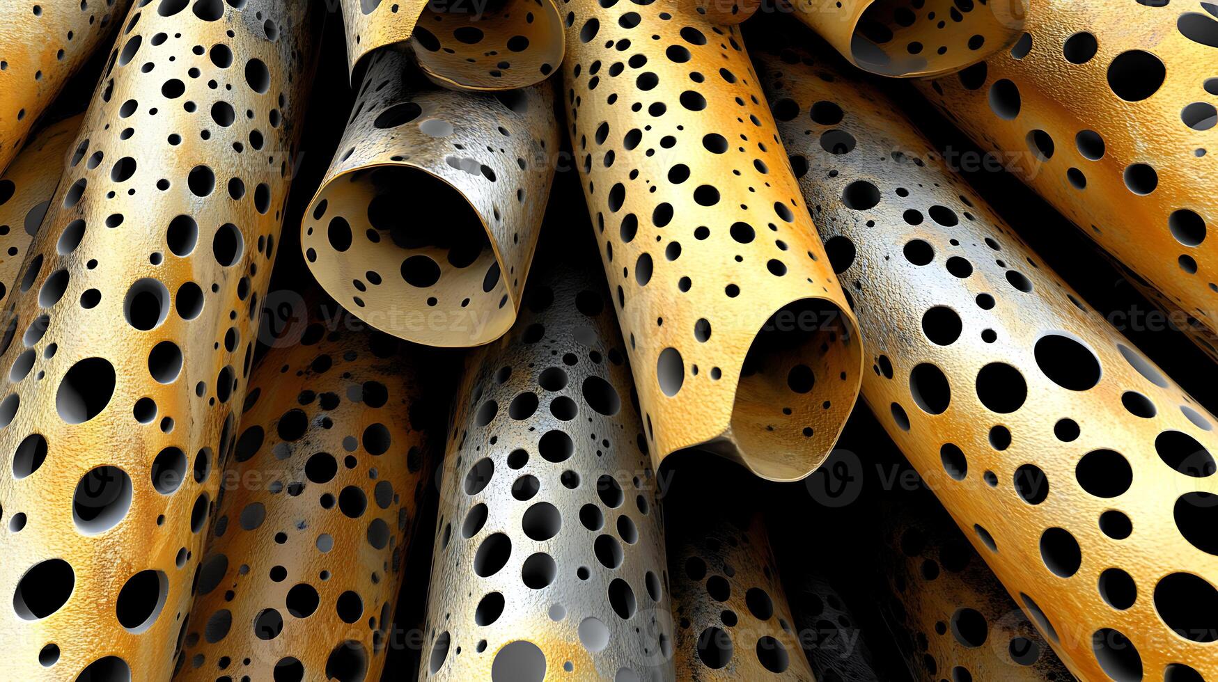 Abstract Metallic Gold Tubes With Perforated Surfaces and Intricate Patterns photo