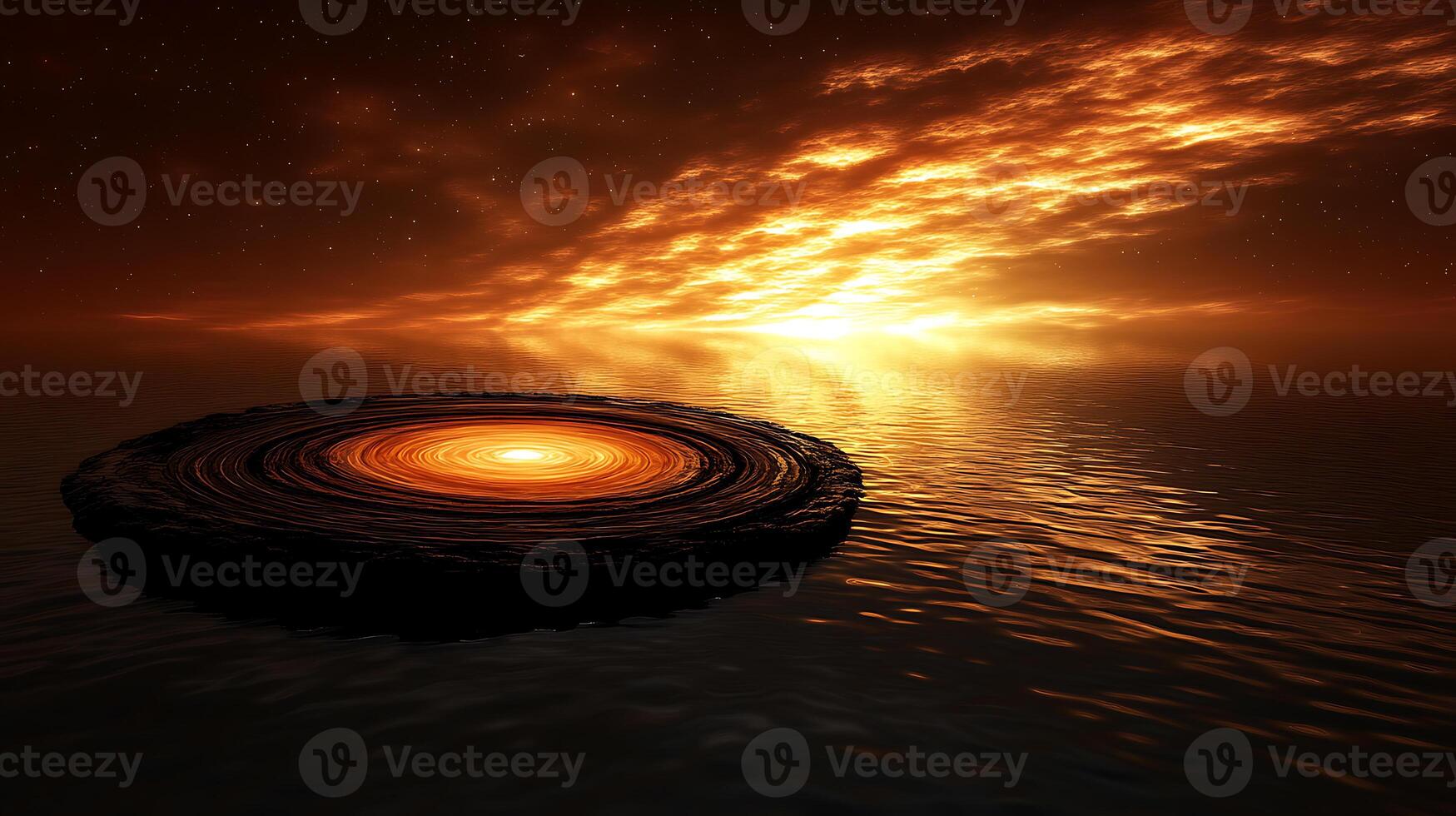 Glowing Circular Formation Amidst Serene Sunset Reflection Over a Calm Ocean photo