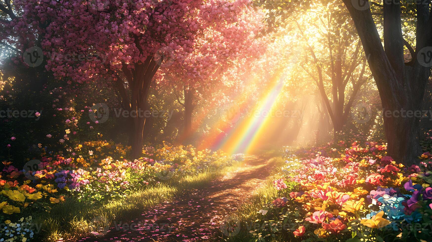 Enchanting Forest Path With Blooming Flowers and Sunlit Rainbow Beams photo