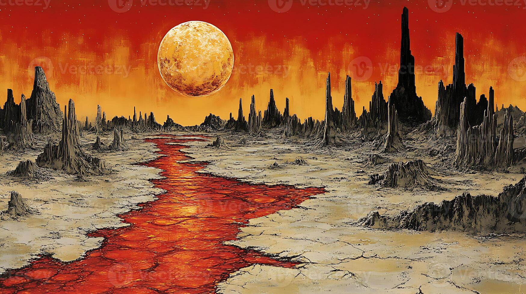 Surreal Alien Landscape With Lava River and Fiery Red Celestial Sky photo