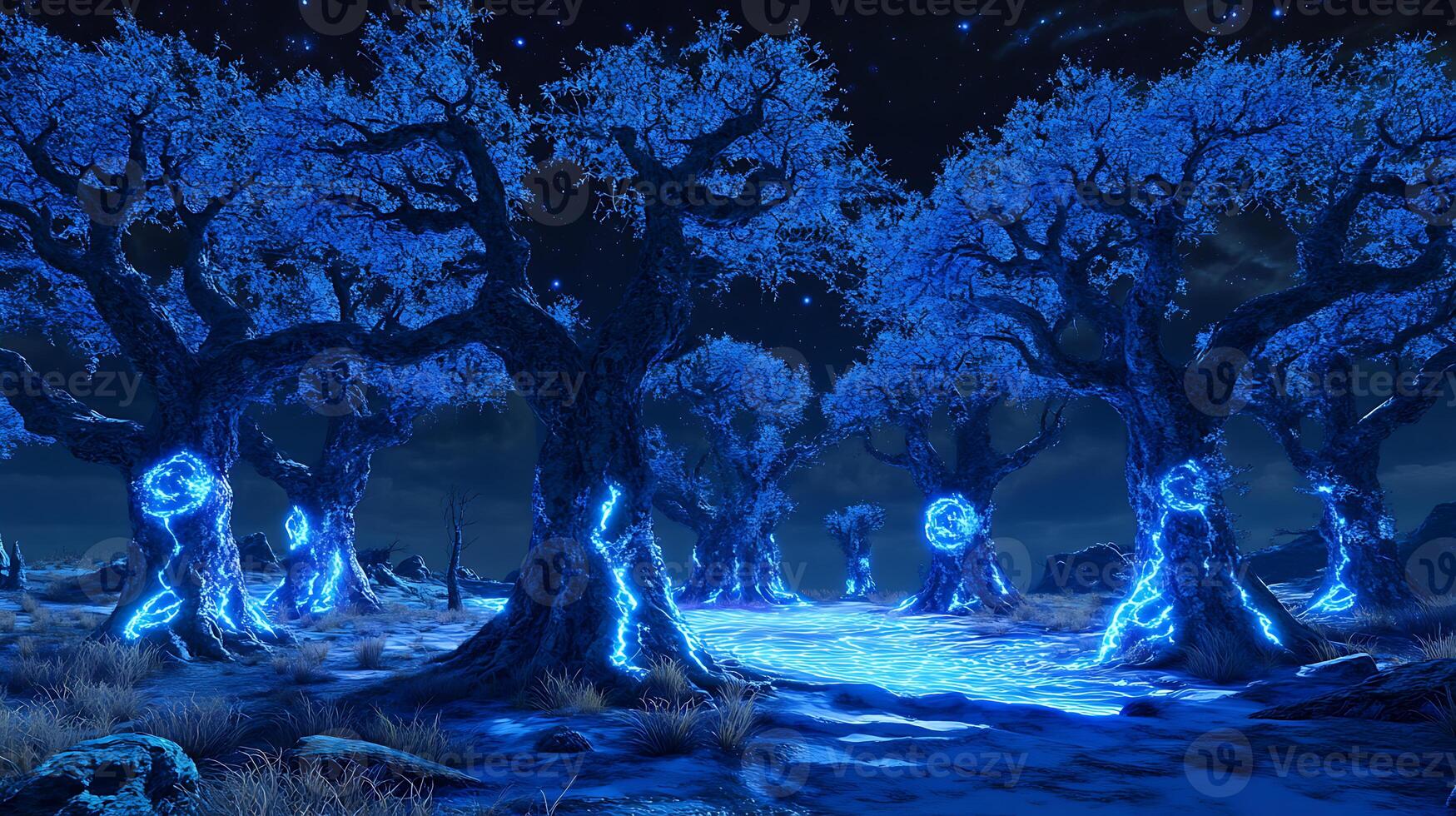 Enchanted Forest with Glowing Trees at Night Under a Starry Sky photo