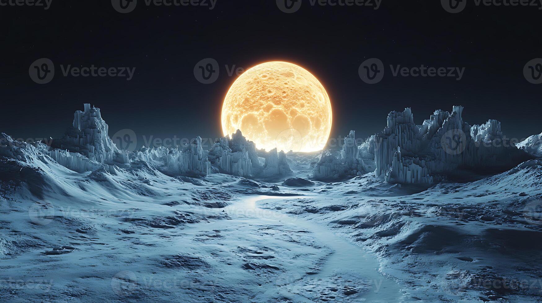 Frozen Landscape Illuminated by a Bright Full Moon at Night photo