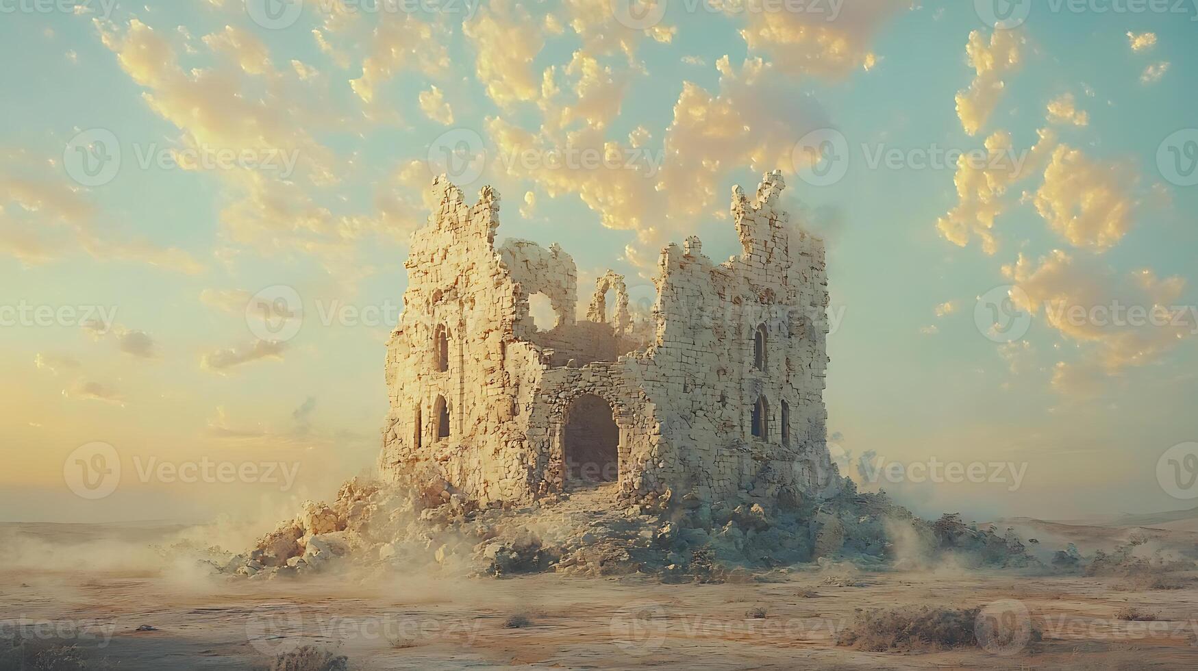 Ancient Ruined Cathedral Amidst Surreal Desert Landscape at Sunset photo