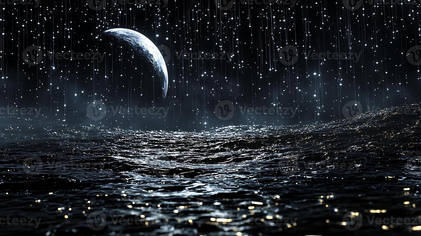 Mysterious Night Sky with Moon Over Cosmic Ocean and Sparkling Lights photo