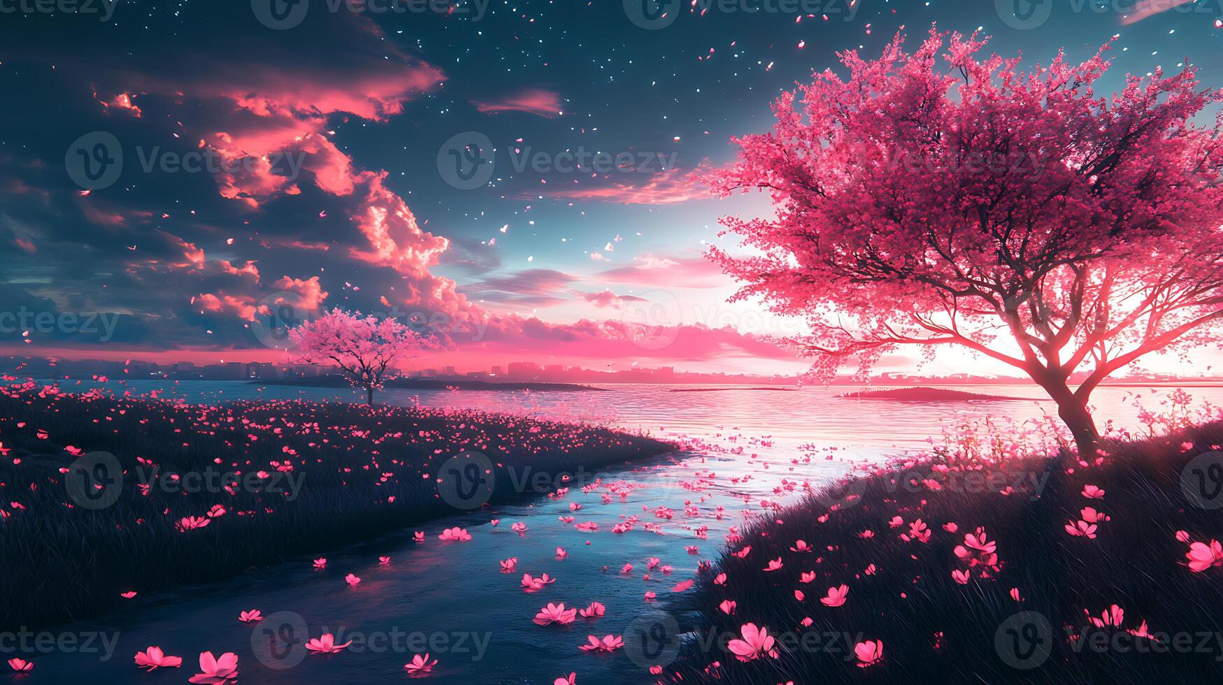 Serene Cherry Blossom Landscape Beside a Tranquil Stream at Sunset photo
