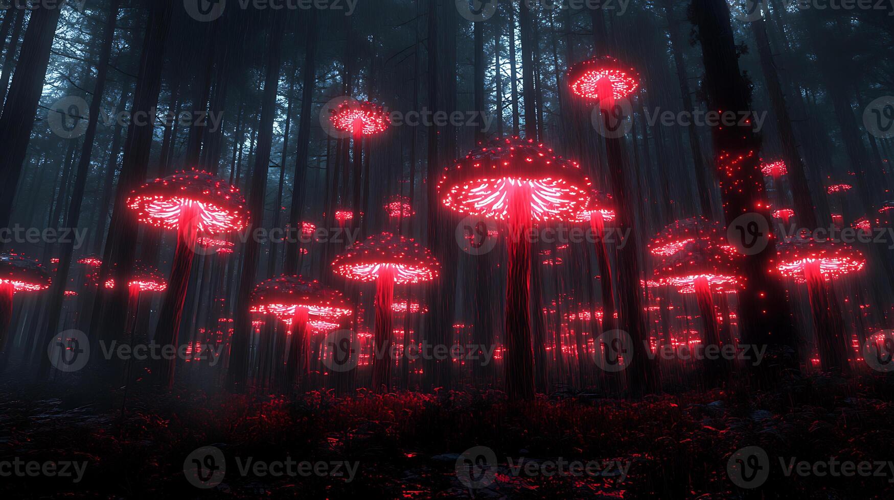 Enchanting Digital Forest with Glowing Red Bioluminescent Fungi at Night photo